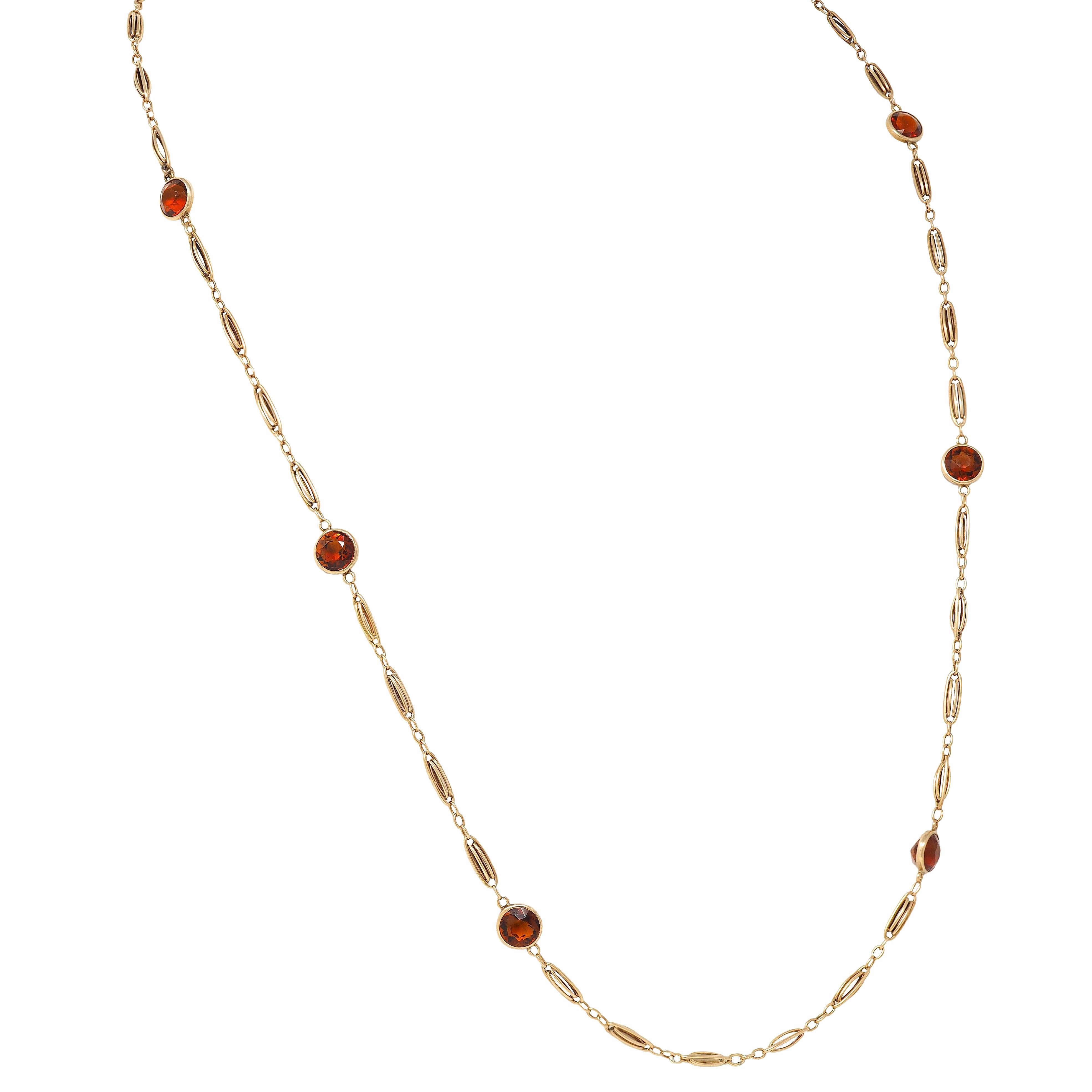 Victorian Citrine 14 Karat Yellow Gold Antique Bezel Station Link Chain Necklace