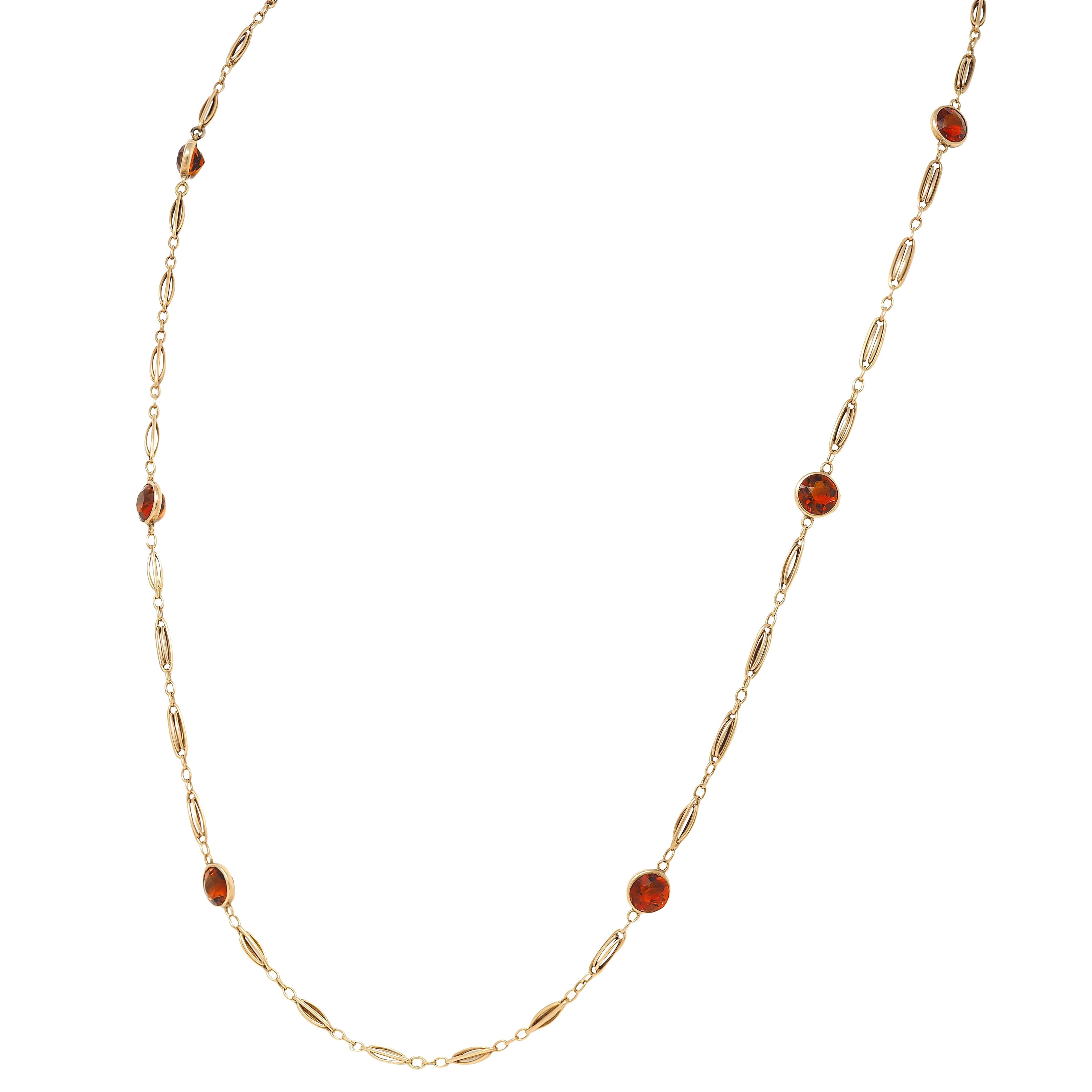 Victorian Citrine 14 Karat Yellow Gold Antique Bezel Station Link Chain Necklace