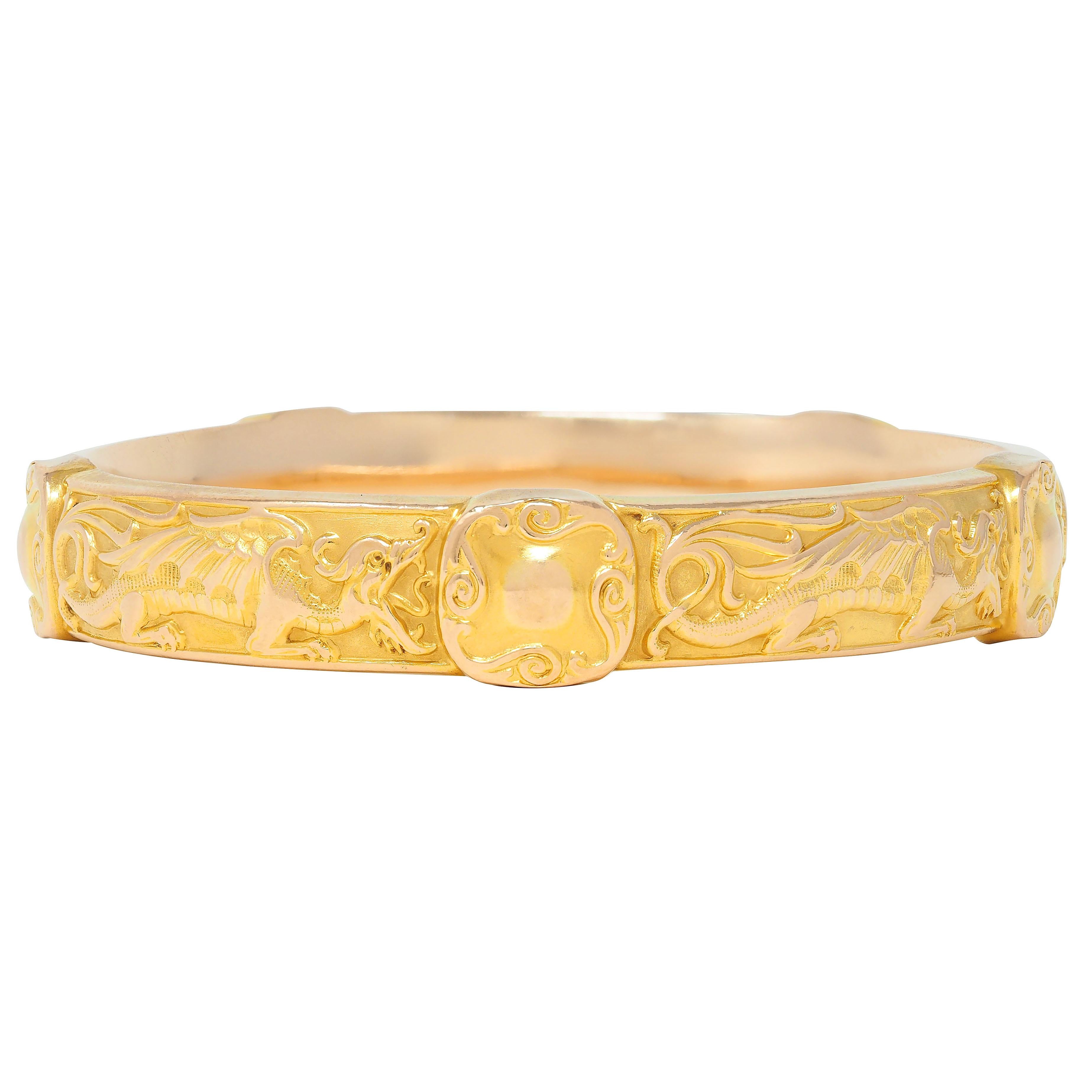 Riker Brothers Art Nouveau 14 Karat Yellow Gold Antique Dragon Bangle Bracelet