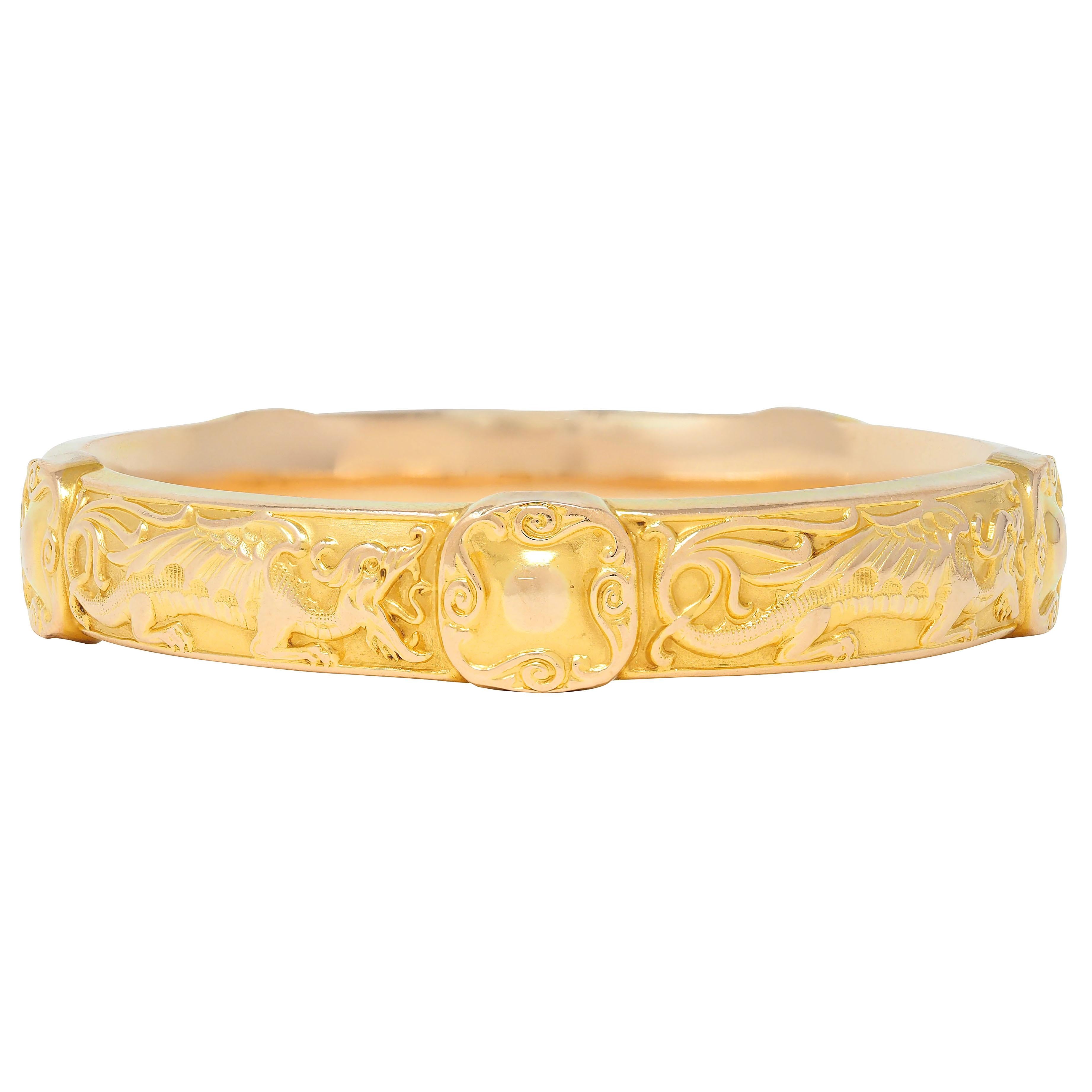 Riker Brothers Art Nouveau 14 Karat Yellow Gold Antique Dragon Bangle Bracelet
