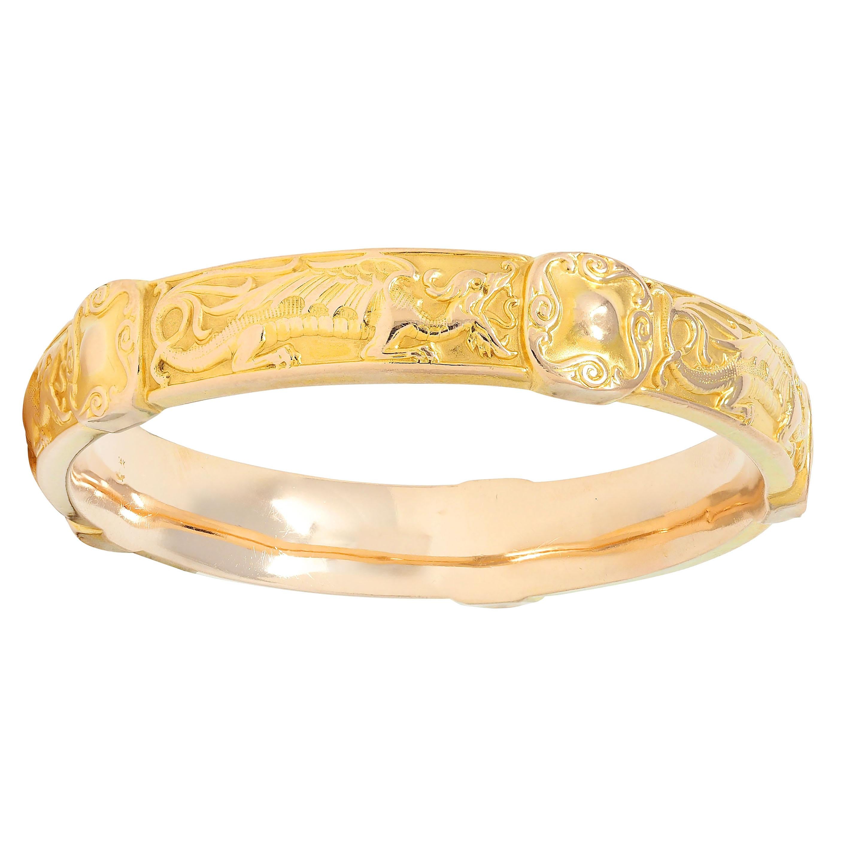 Riker Brothers Art Nouveau 14 Karat Yellow Gold Antique Dragon Bangle Bracelet