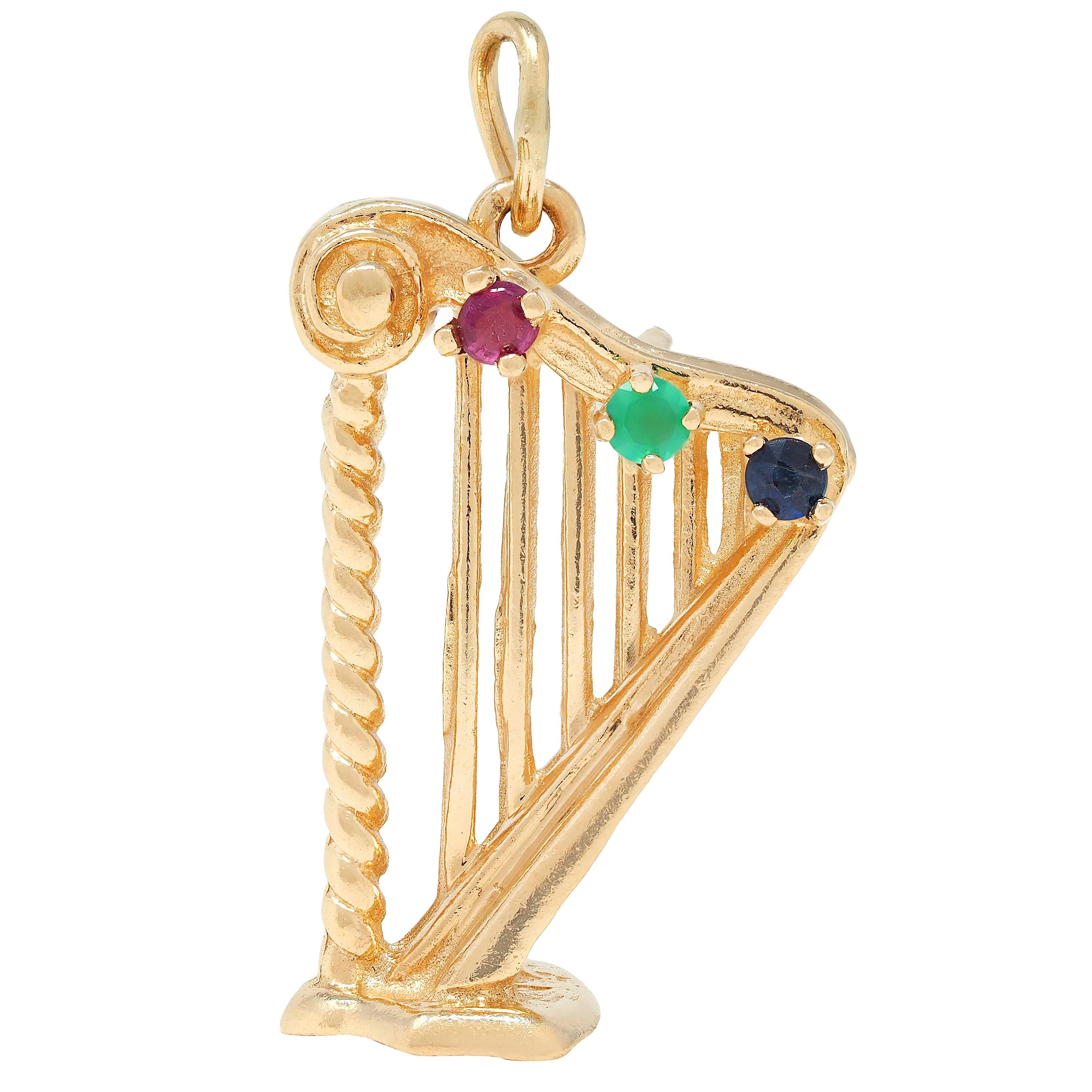 1960's Multi-Gem 14K Yellow Gold Vintage Harp Musical Instrument Pendant Charm
