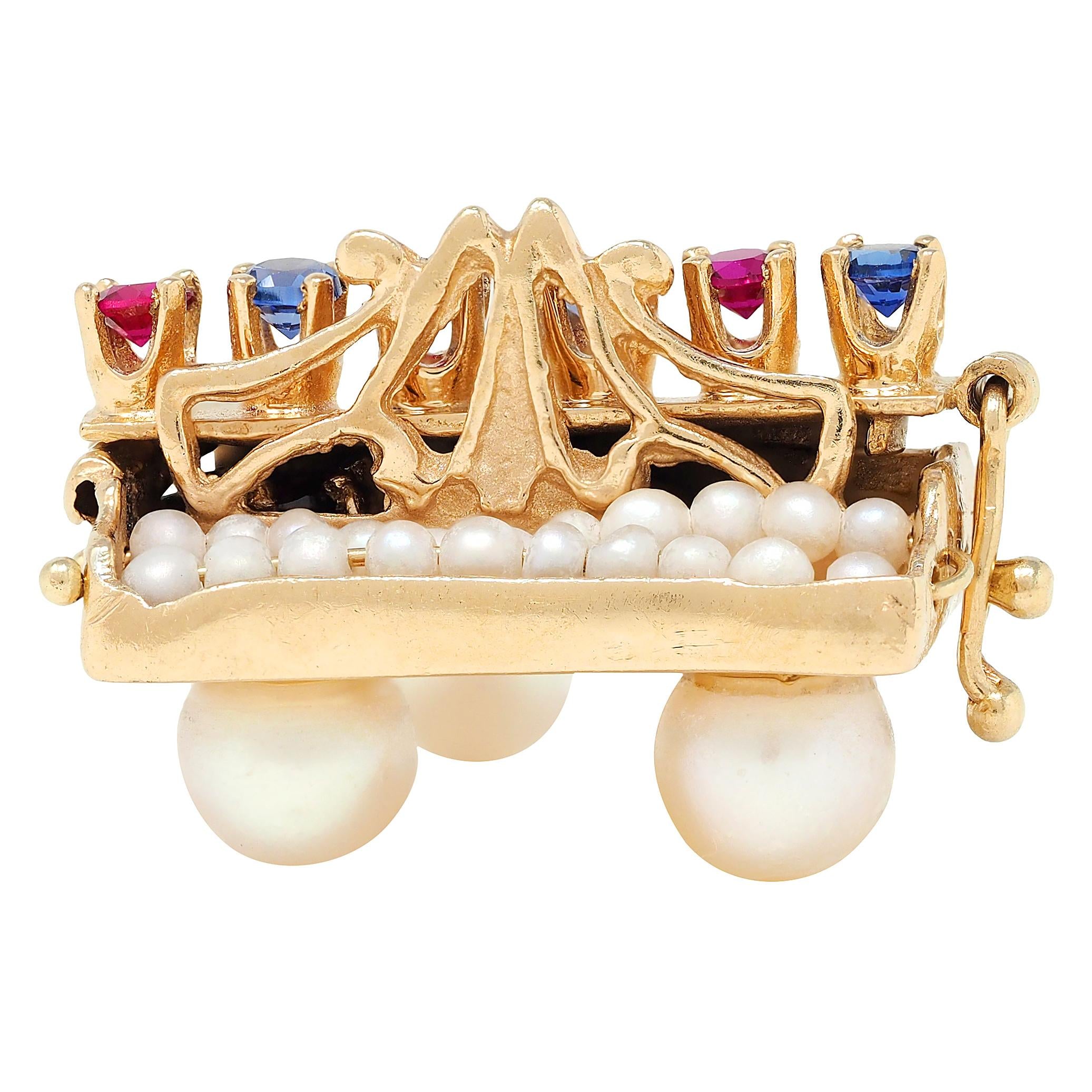 1960's Pearl Multi-Gem 14 Karat Yellow Gold Vintage Grand Piano Pendant Charm