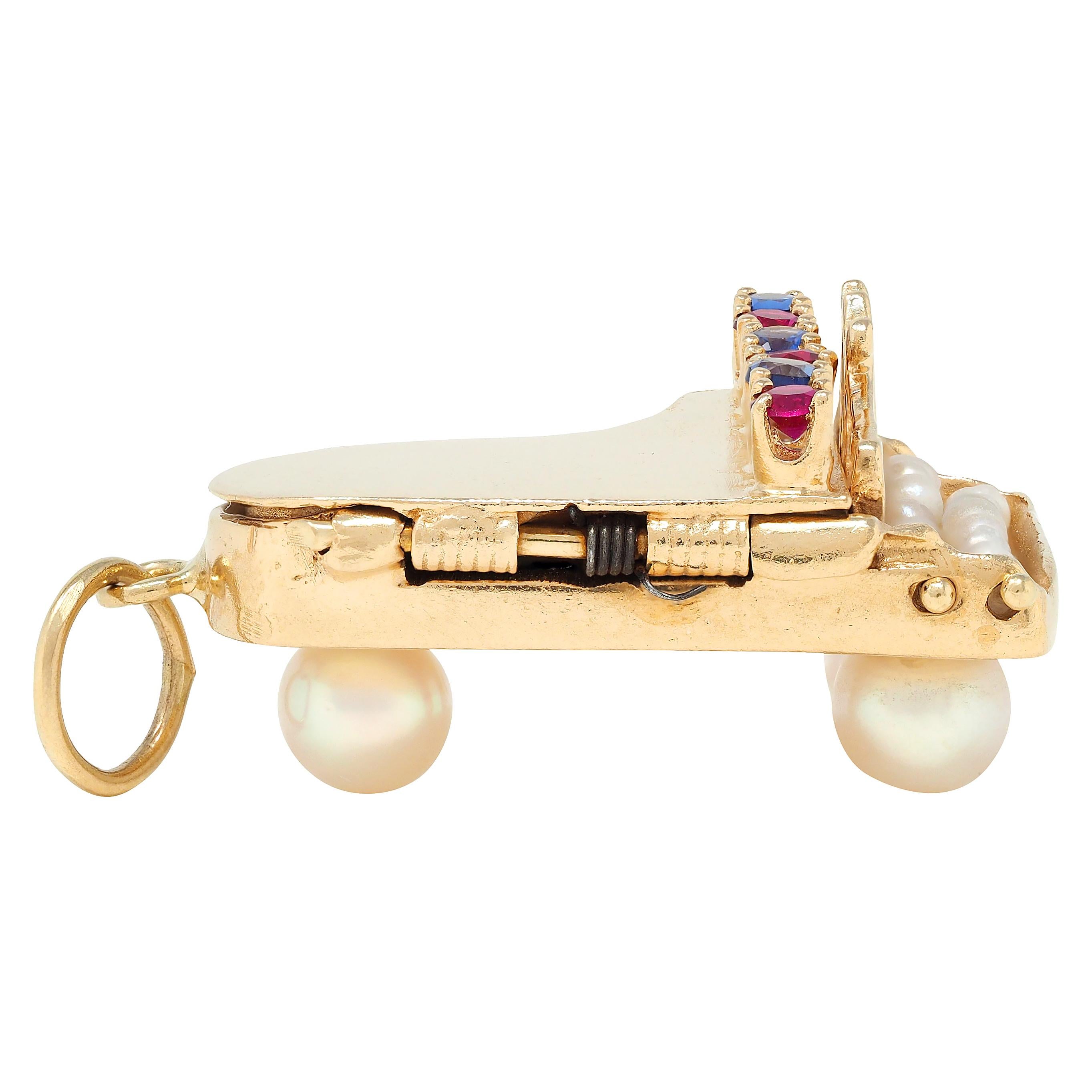 1960's Pearl Multi-Gem 14 Karat Yellow Gold Vintage Grand Piano Pendant Charm