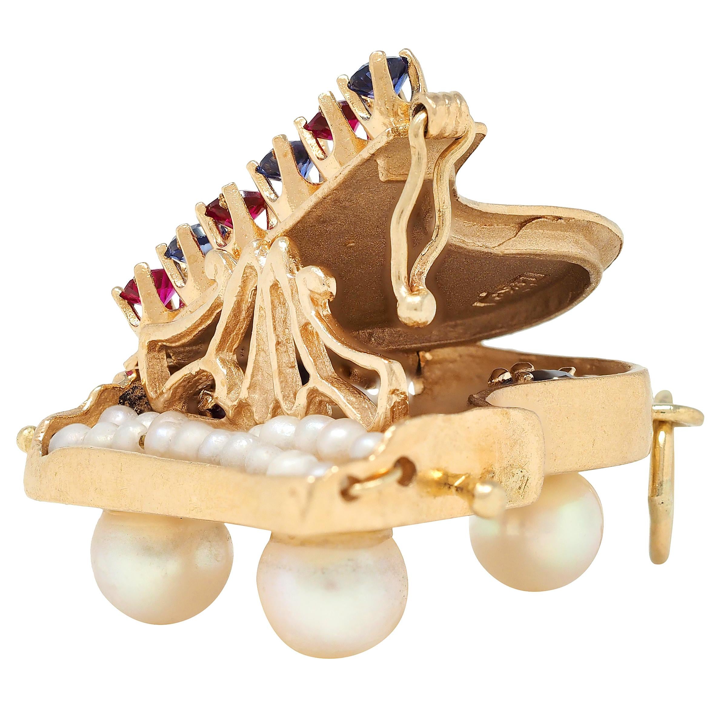 1960's Pearl Multi-Gem 14 Karat Yellow Gold Vintage Grand Piano Pendant Charm