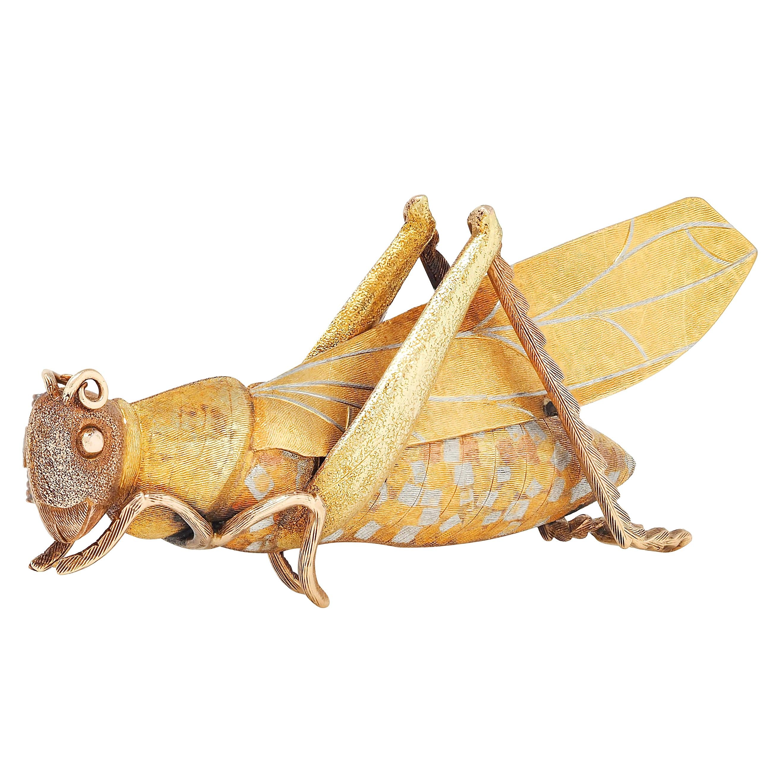1970's Craft 14 Karat Tri-Colored Gold Vintage Grasshopper Brooch