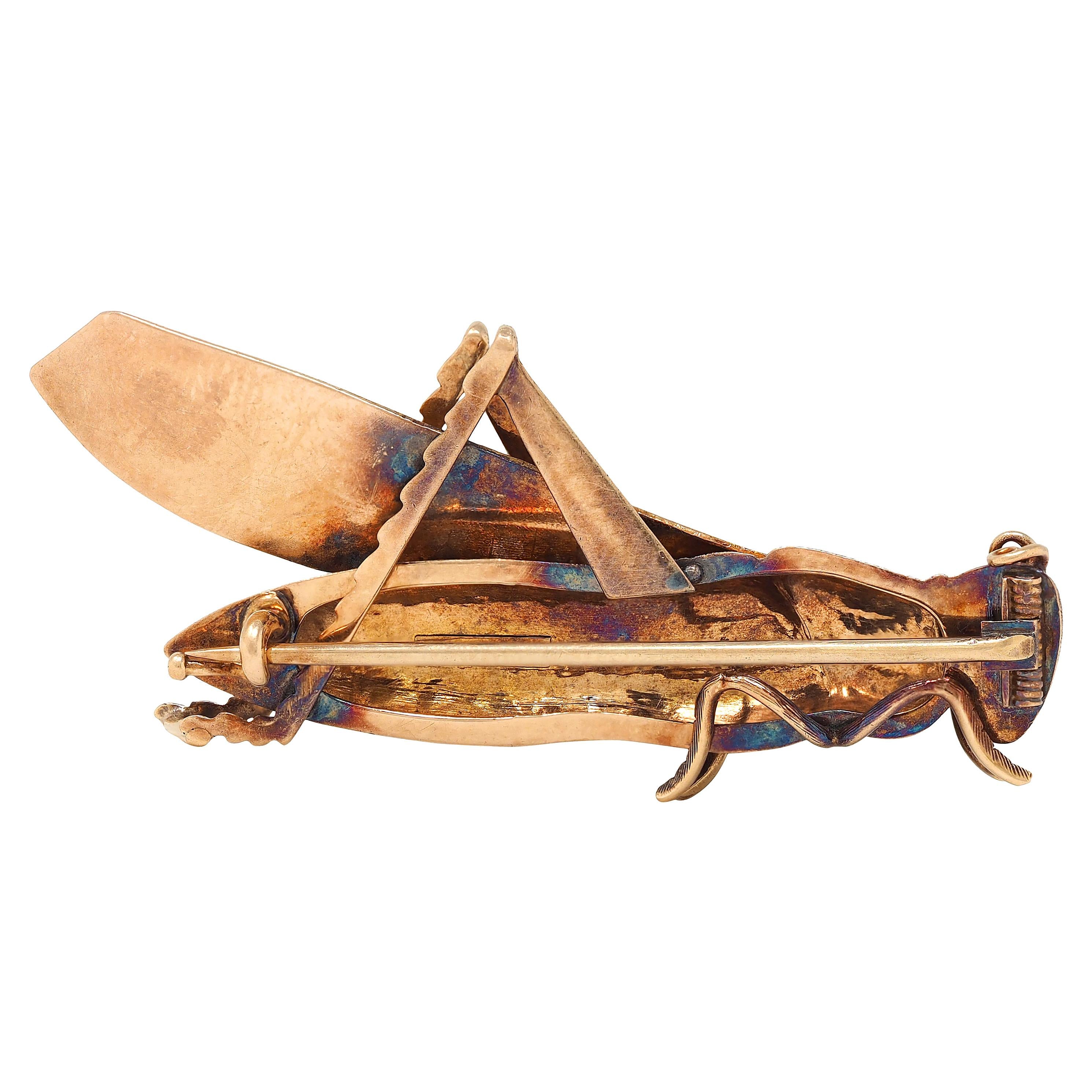 1970's Craft 14 Karat Tri-Colored Gold Vintage Grasshopper Brooch