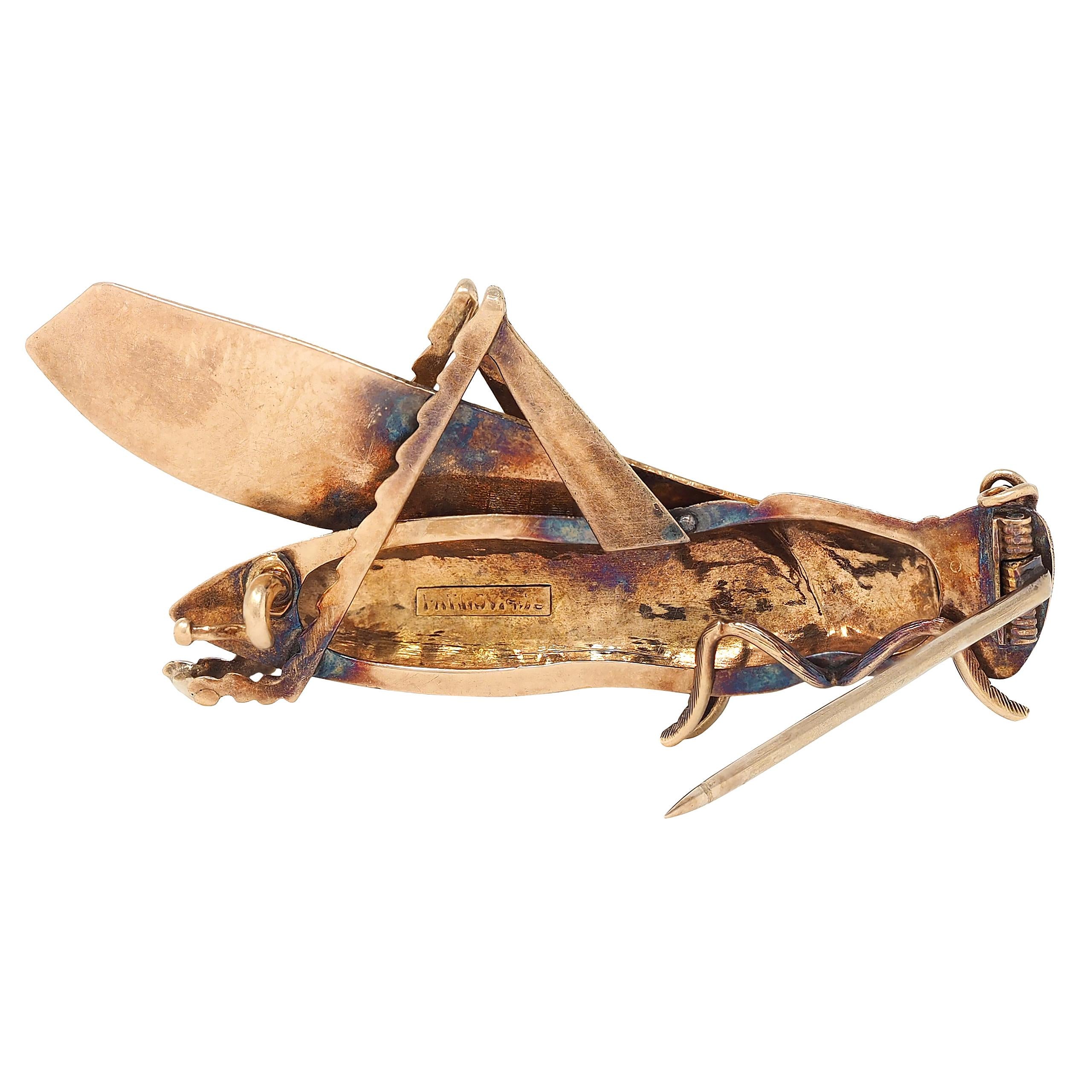1970's Craft 14 Karat Tri-Colored Gold Vintage Grasshopper Brooch