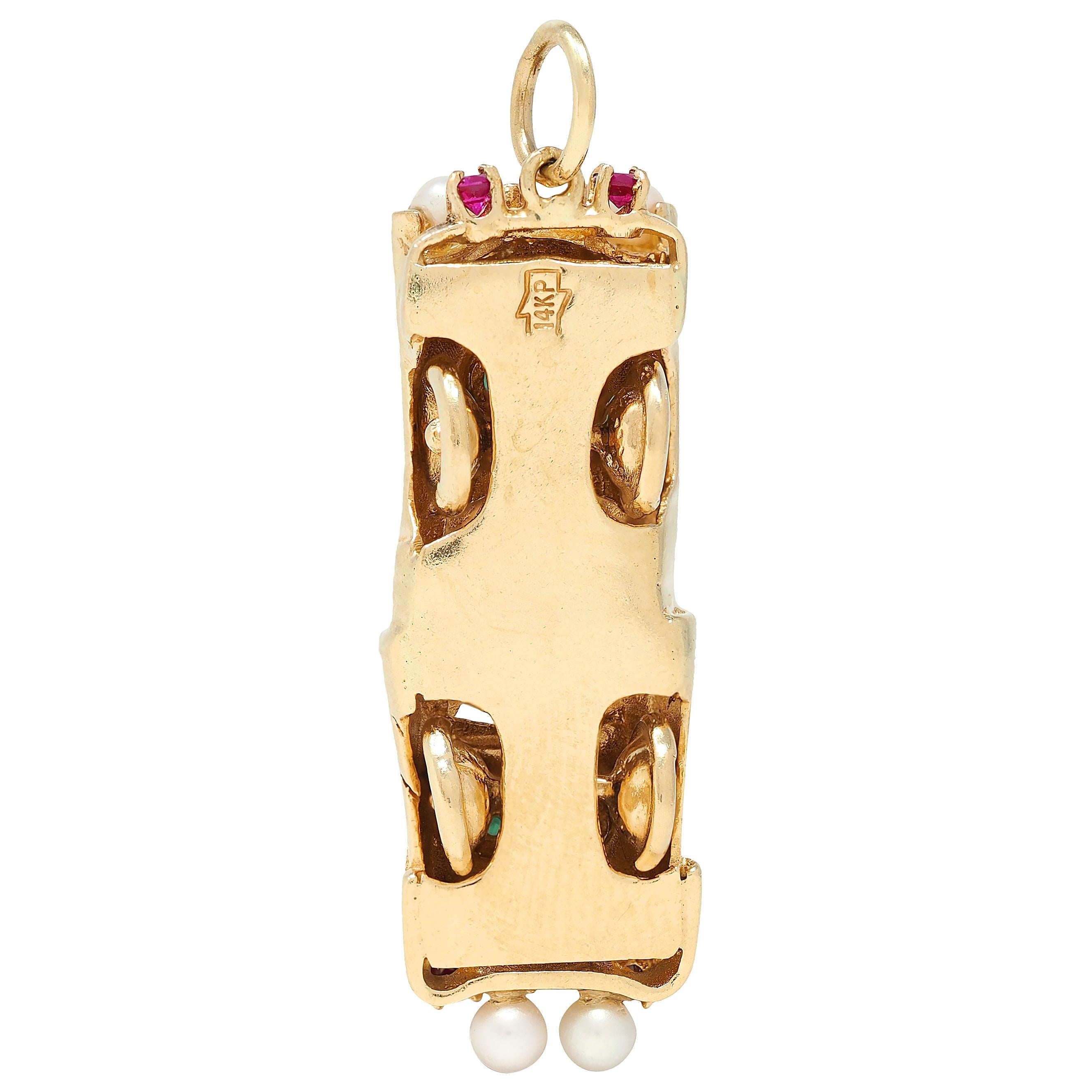 1960's Multi-Gem 14 Karat Yellow Gold Vintage Car Pendant Charm