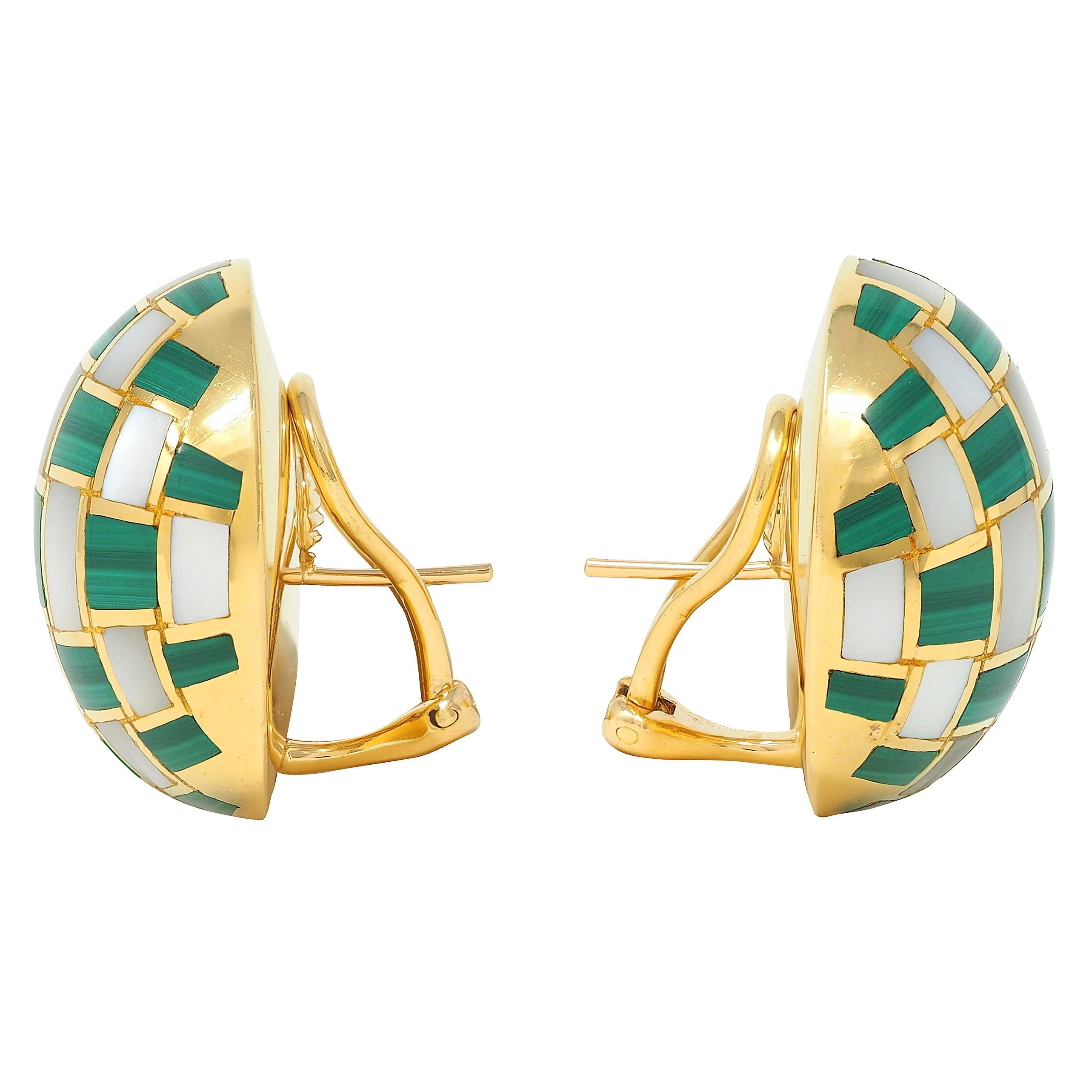Tiffany & Co. 1980s Malachite Pearl Inlay 18K Gold Vintage Checkerboard Earrings
