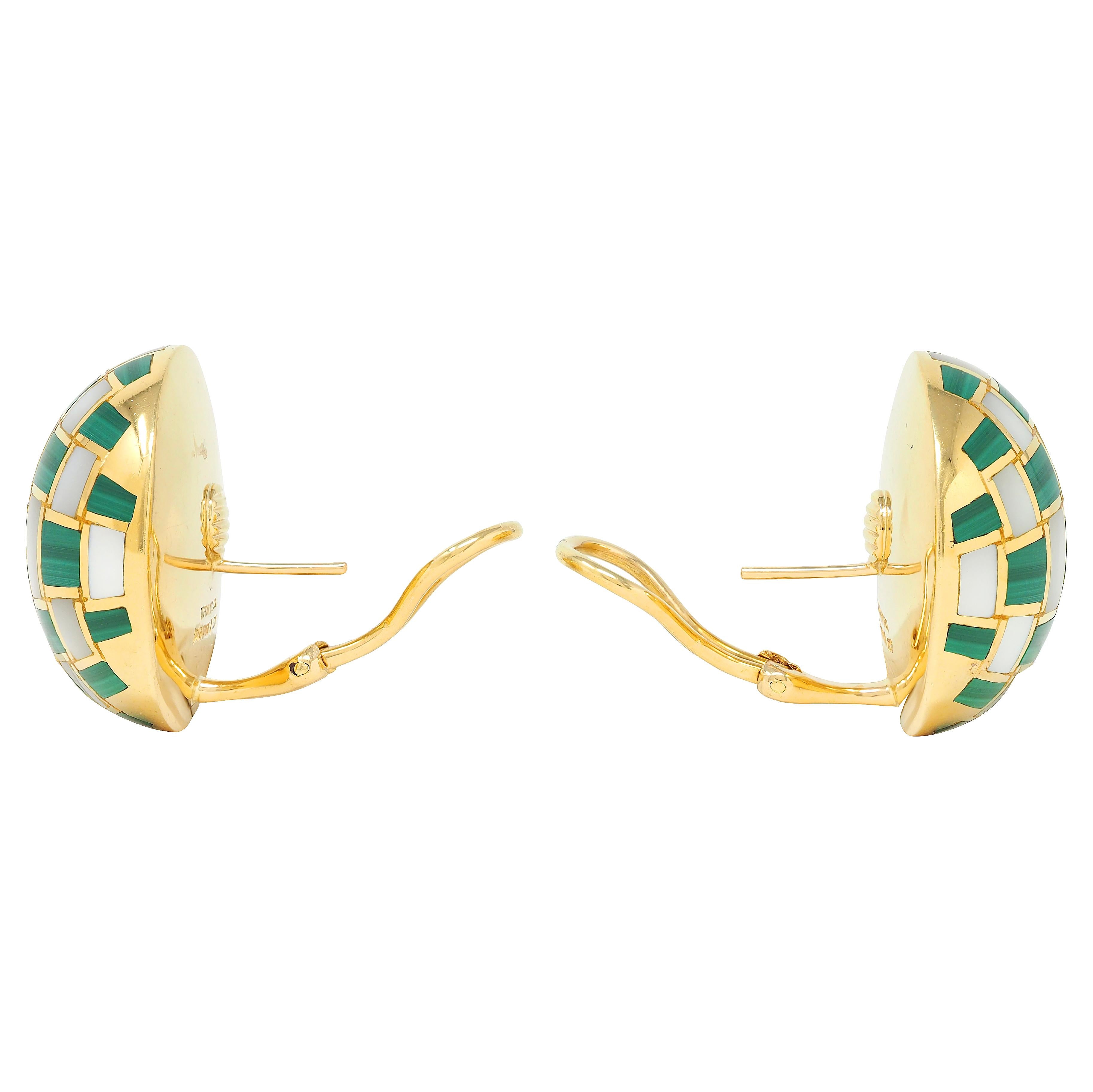 Tiffany & Co. 1980s Malachite Pearl Inlay 18K Gold Vintage Checkerboard Earrings