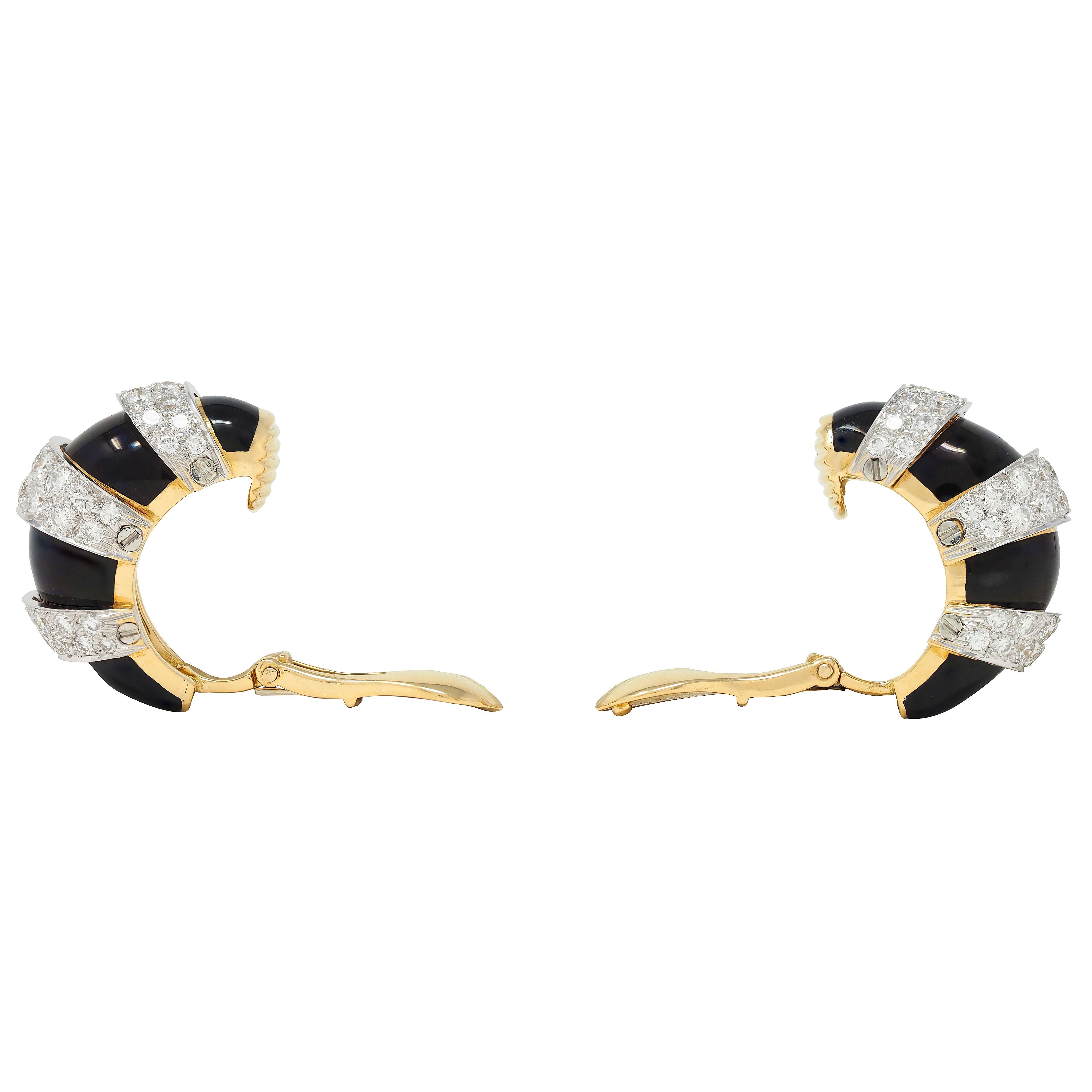 David Webb Diamond Black Enamel Platinum 18K Gold Vintage Ear-Clip Earrings