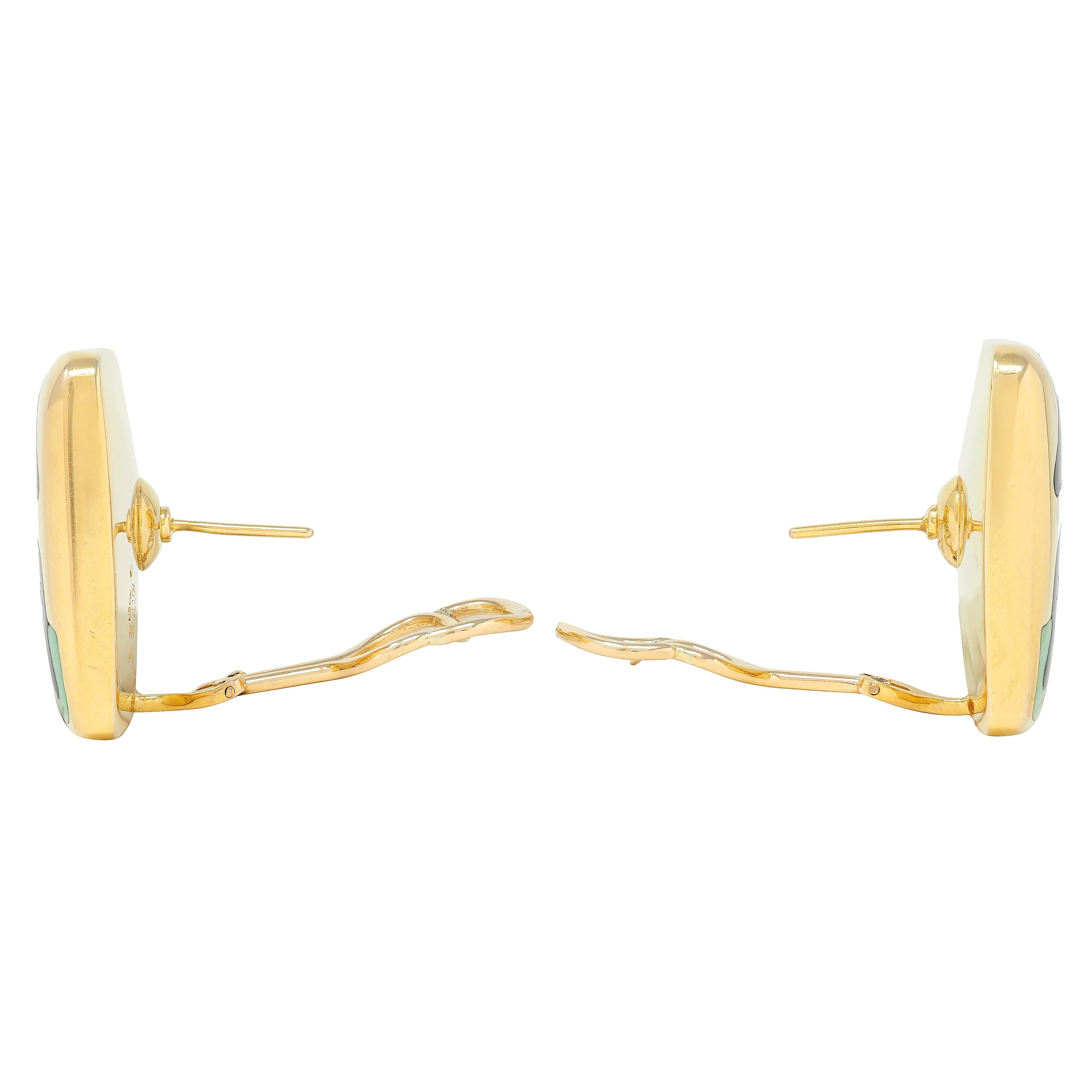 Asch Grossbardt 1980's Multi-Gem 14K Gold Vintage Cushion Horse Inlay Earrings