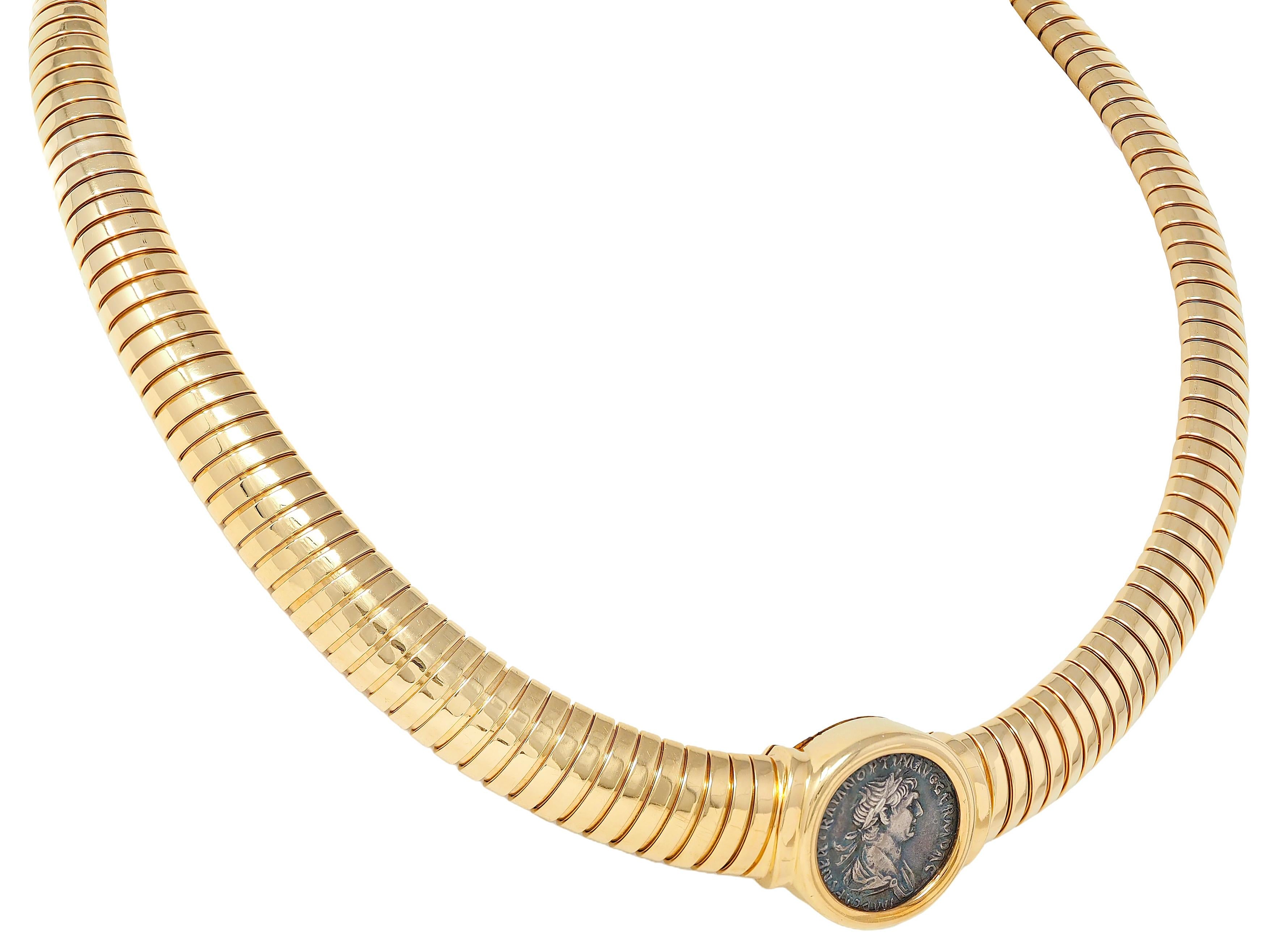Bulgari 1980's 18K Yellow Gold Vintage Roman Trajan Coin Monete Tubogas Necklace