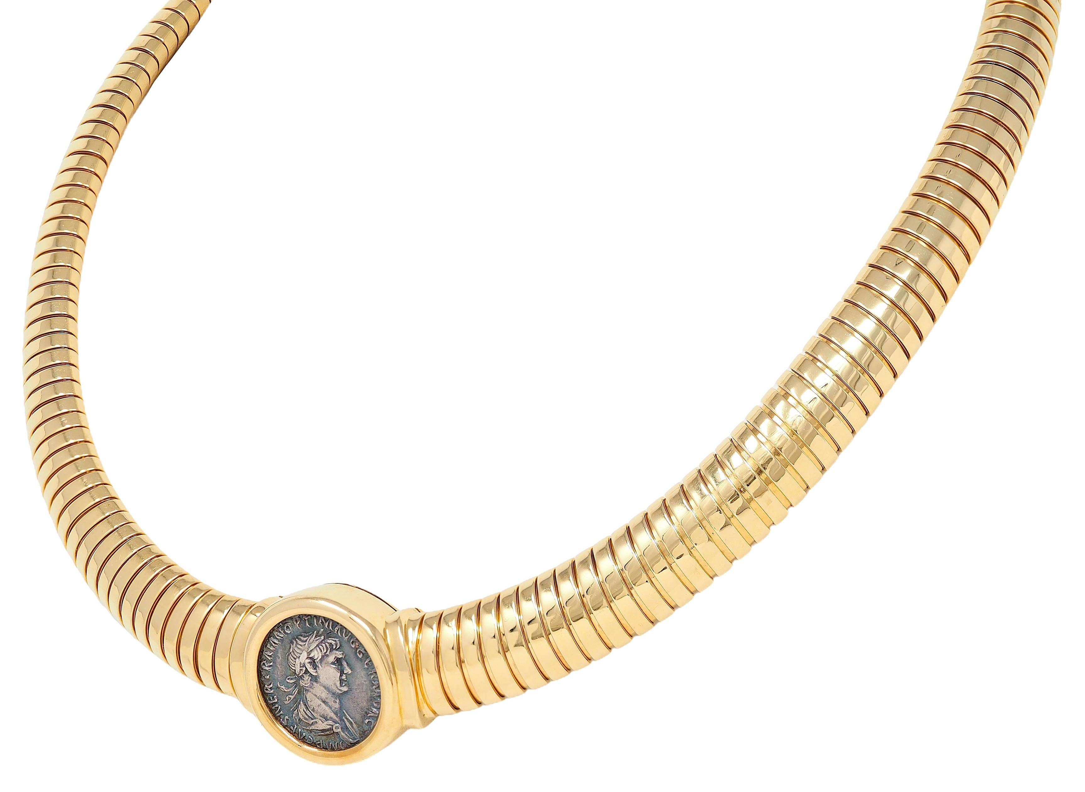 Bulgari 1980's 18K Yellow Gold Vintage Roman Trajan Coin Monete Tubogas Necklace