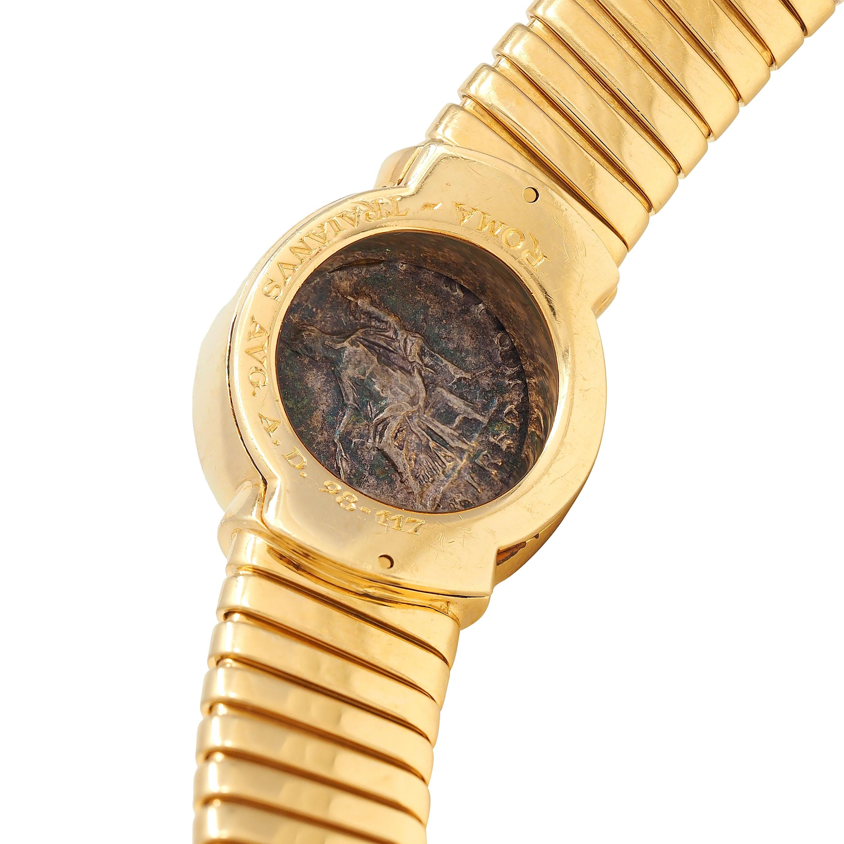 Bulgari 1980's 18K Yellow Gold Vintage Roman Trajan Coin Monete Tubogas Necklace