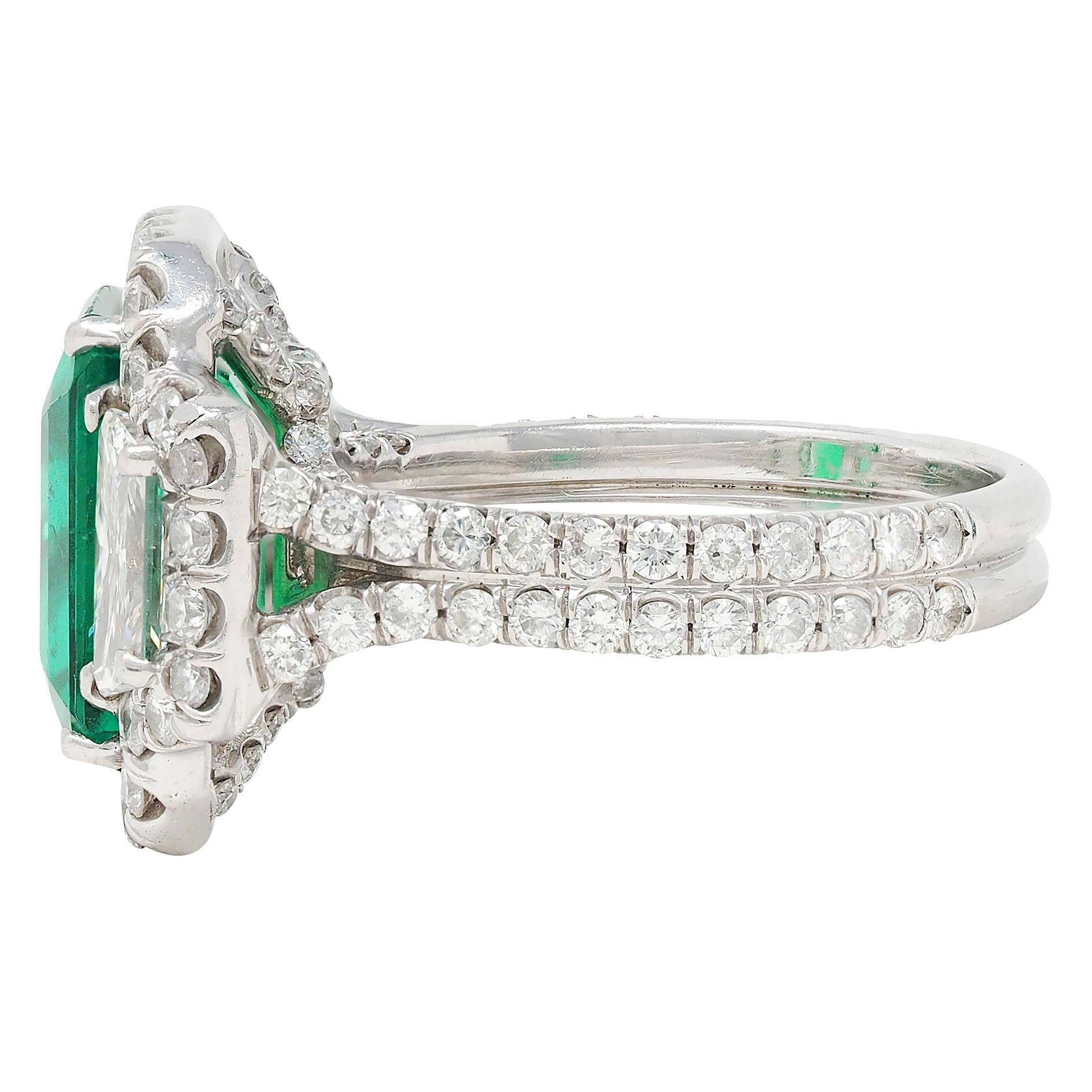 Contemporary 7.90 CTW Emerald Diamond Platinum Vintage Three Stone Halo Ring GIA