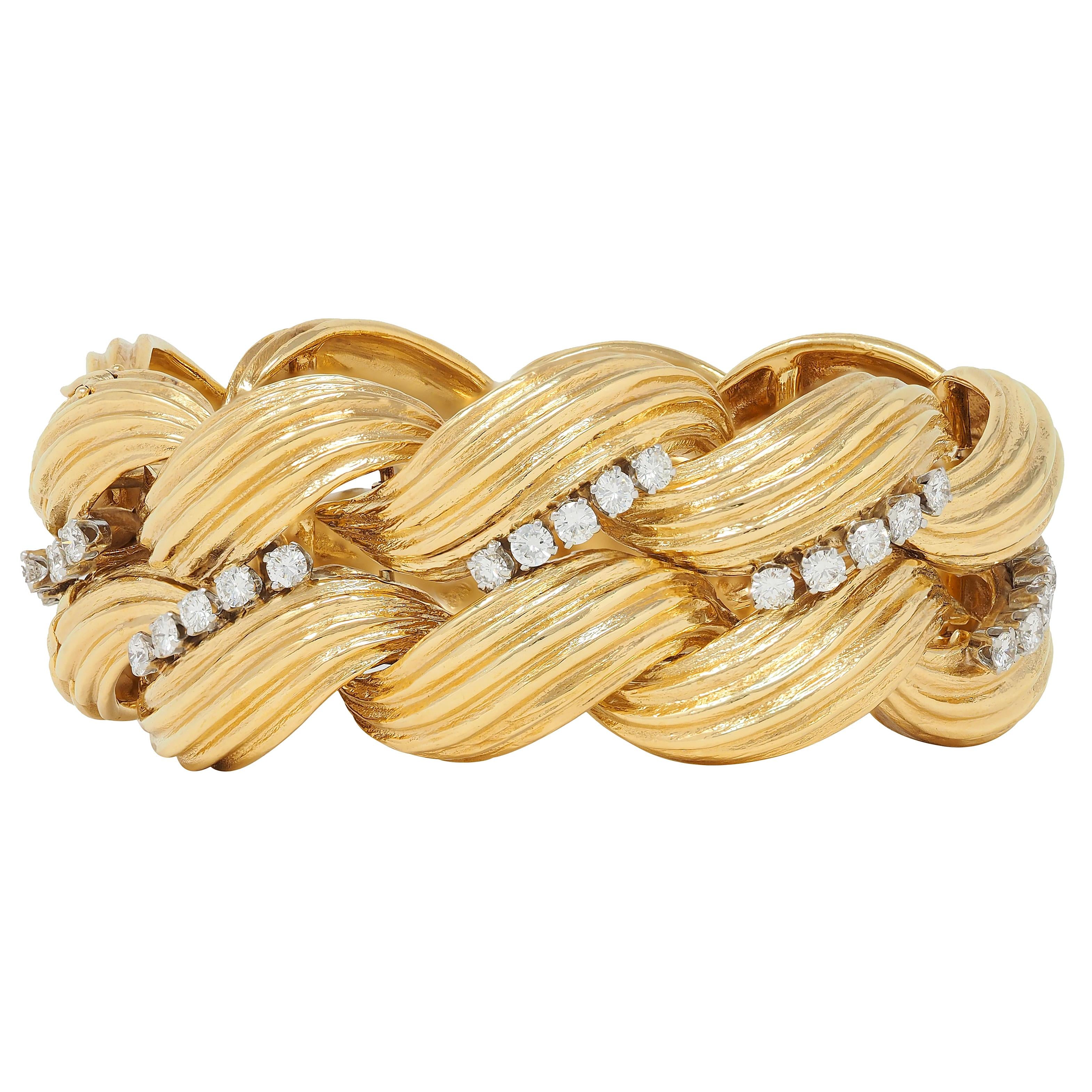 David Webb 1980's Diamond Platinum 18 Karat Yellow Gold Vintage Twist Bracelet