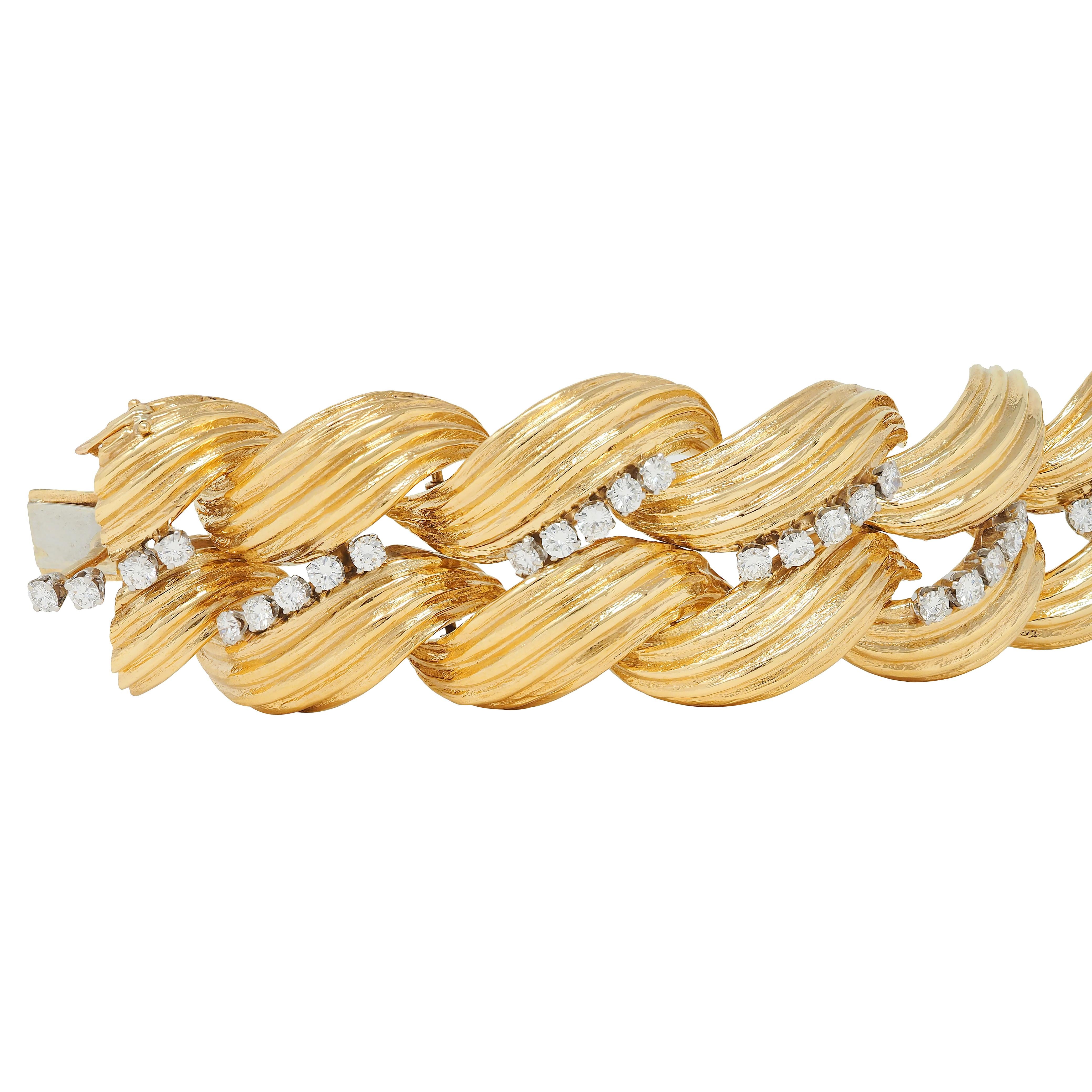 David Webb 1980's Diamond Platinum 18 Karat Yellow Gold Vintage Twist Bracelet
