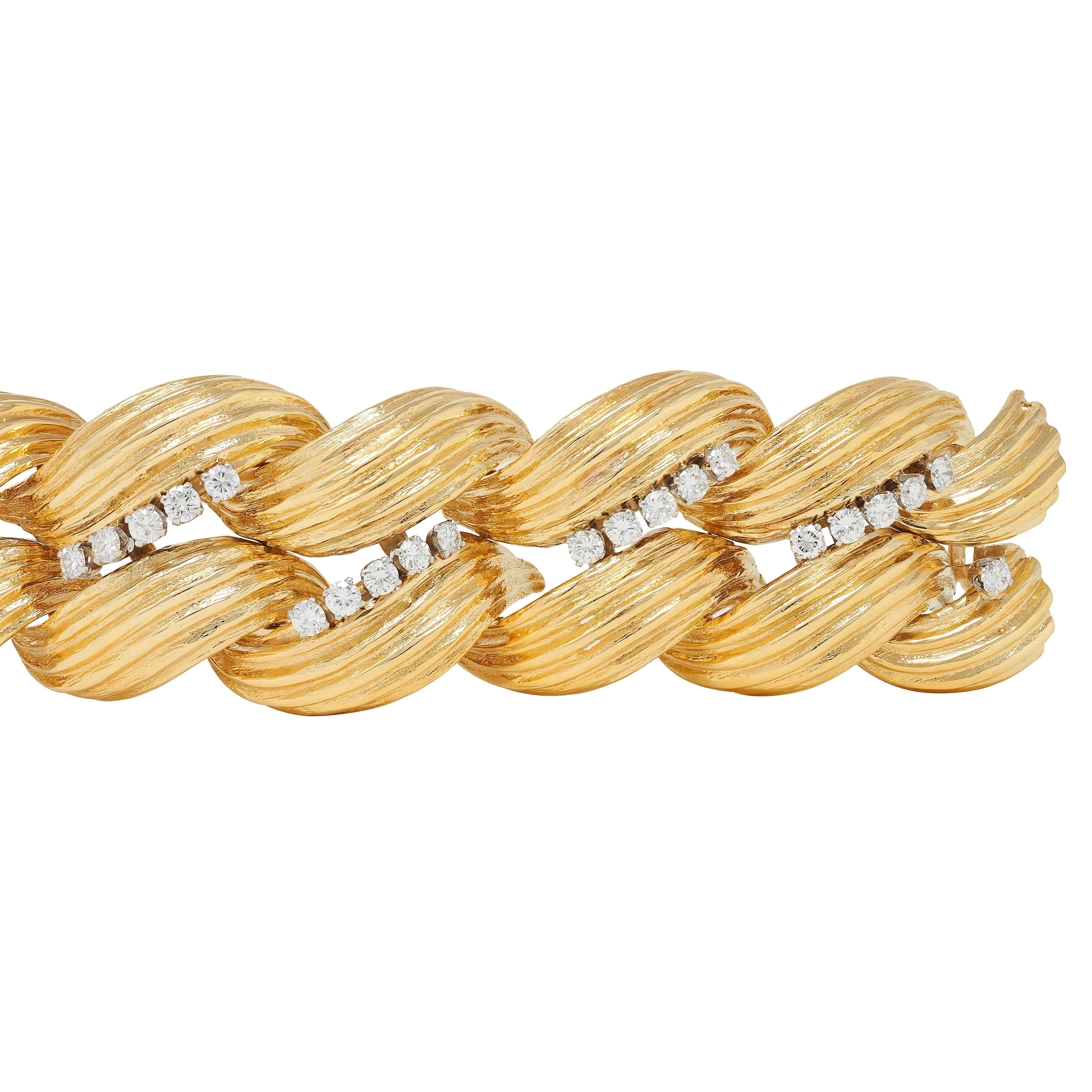 David Webb 1980's Diamond Platinum 18 Karat Yellow Gold Vintage Twist Bracelet
