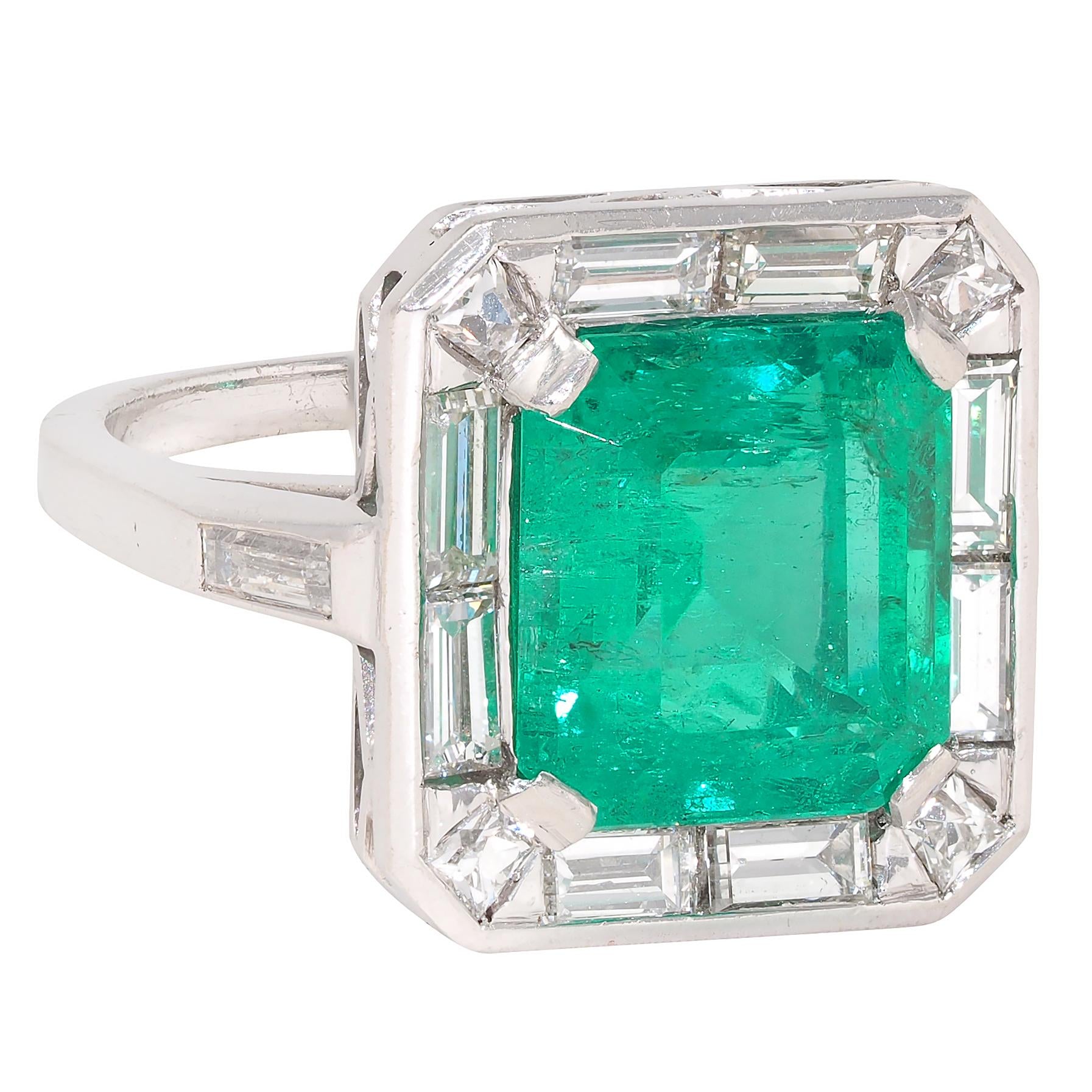 Mid-Century 7.00 CTW Colombian Emerald Diamond Platinum Vintage Halo Ring GIA