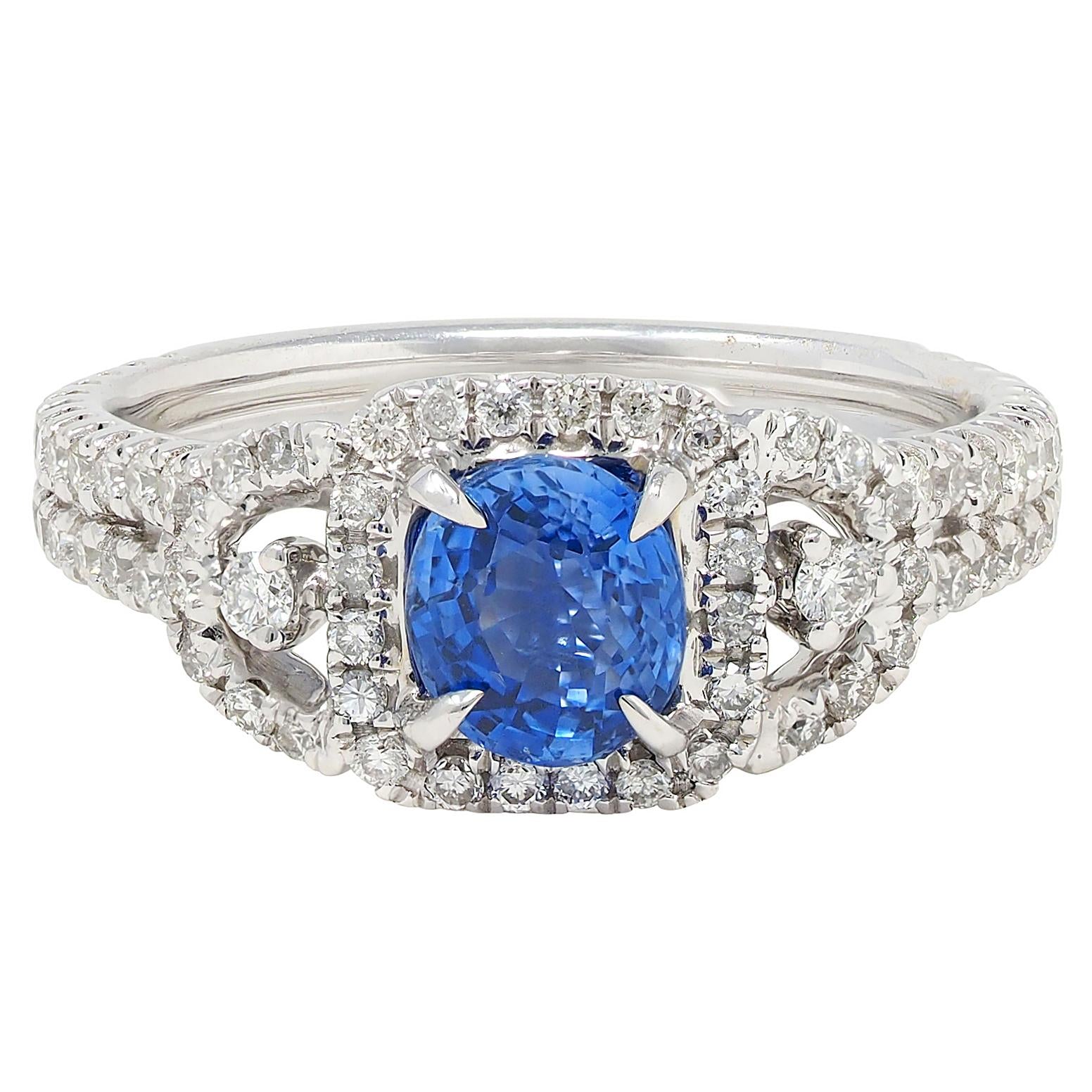 Contemporary 1.98 CTW Sapphire Diamond 18 Karat White Gold Halo Ring