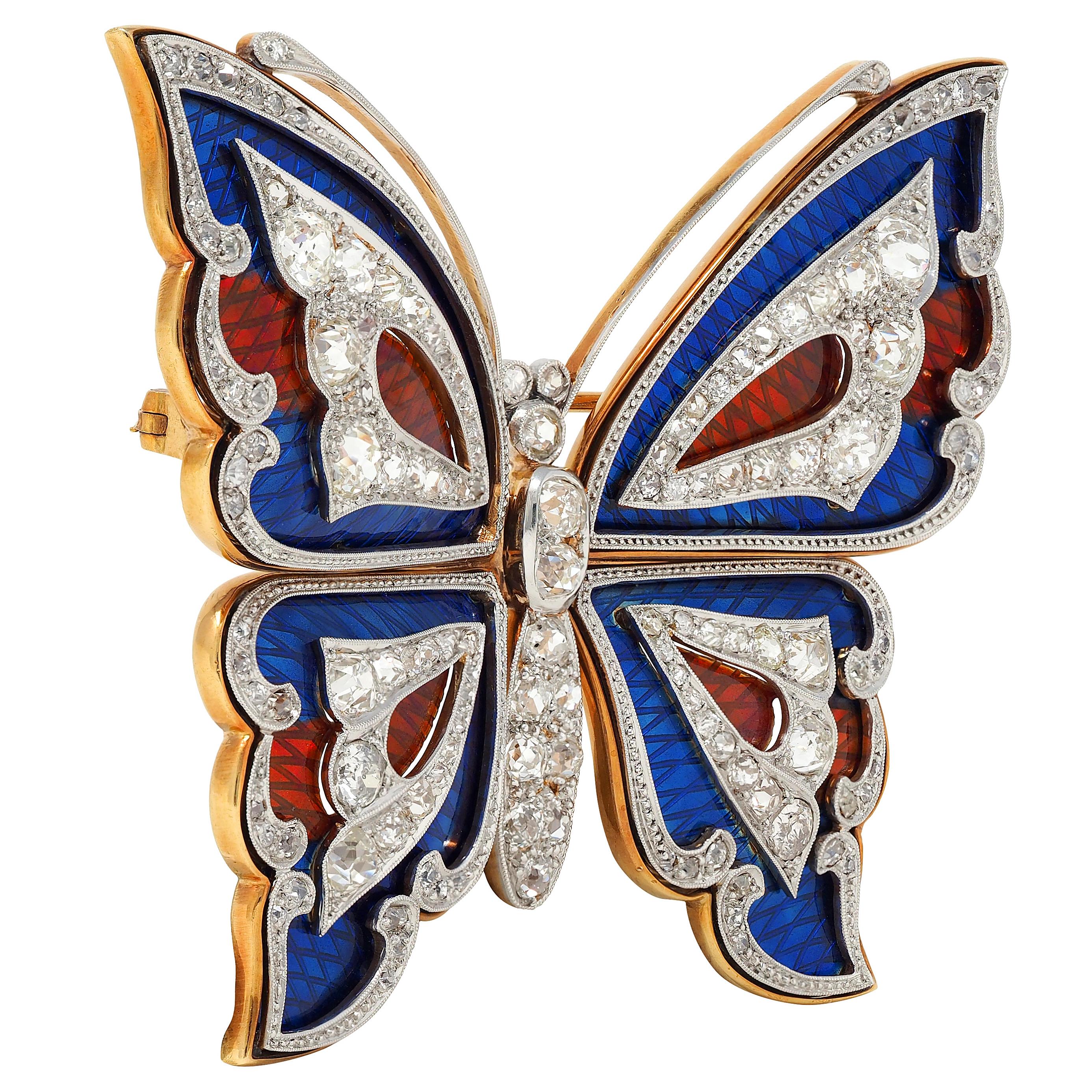 Substantial Edwardian Diamond Enamel Platinum 18K Gold Antique Butterfly Brooch