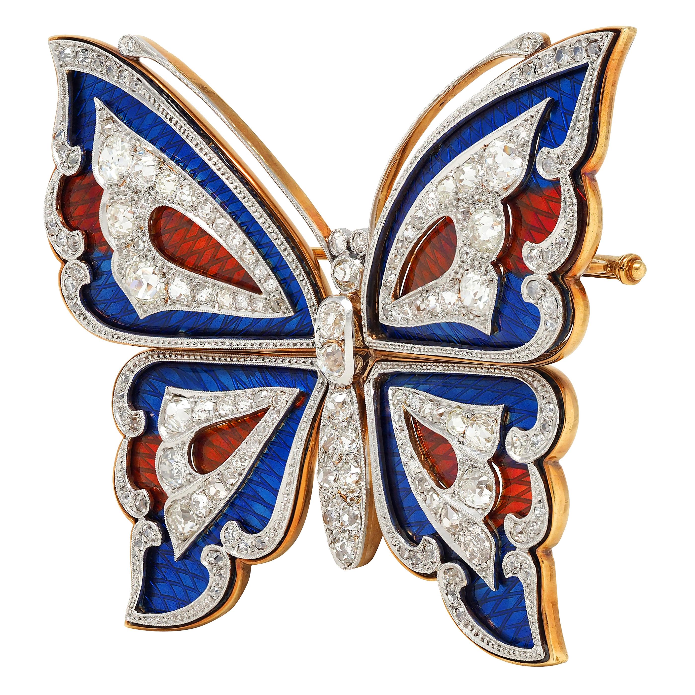 Substantial Edwardian Diamond Enamel Platinum 18K Gold Antique Butterfly Brooch