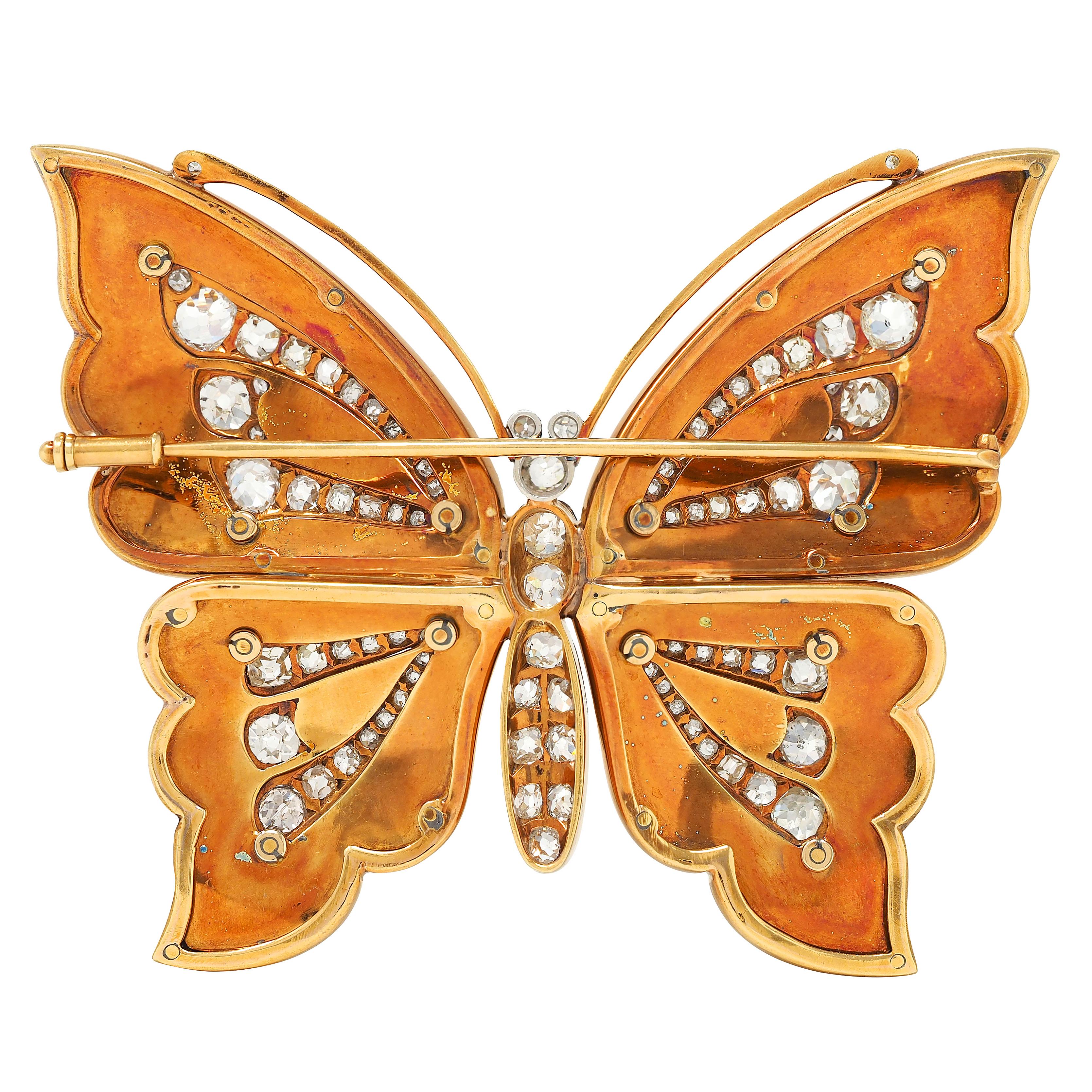Substantial Edwardian Diamond Enamel Platinum 18K Gold Antique Butterfly Brooch