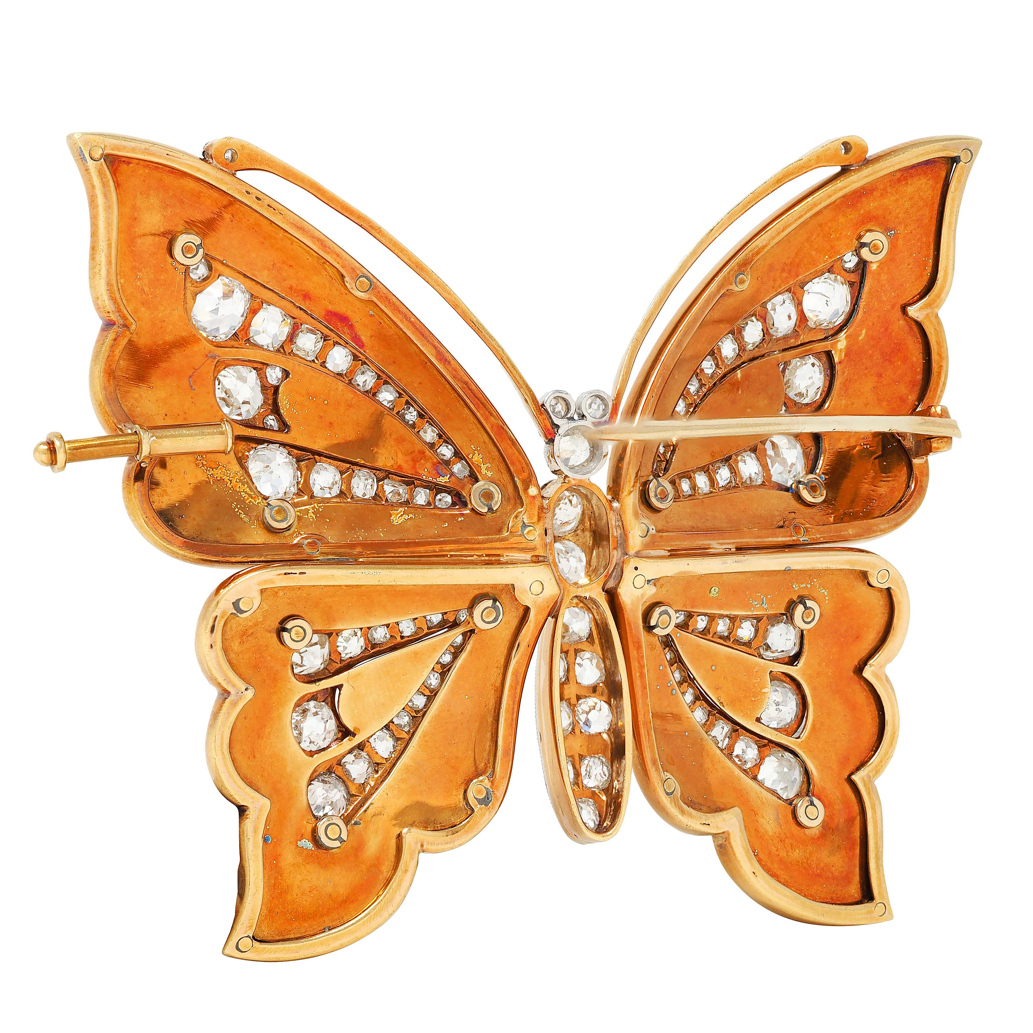 Substantial Edwardian Diamond Enamel Platinum 18K Gold Antique Butterfly Brooch