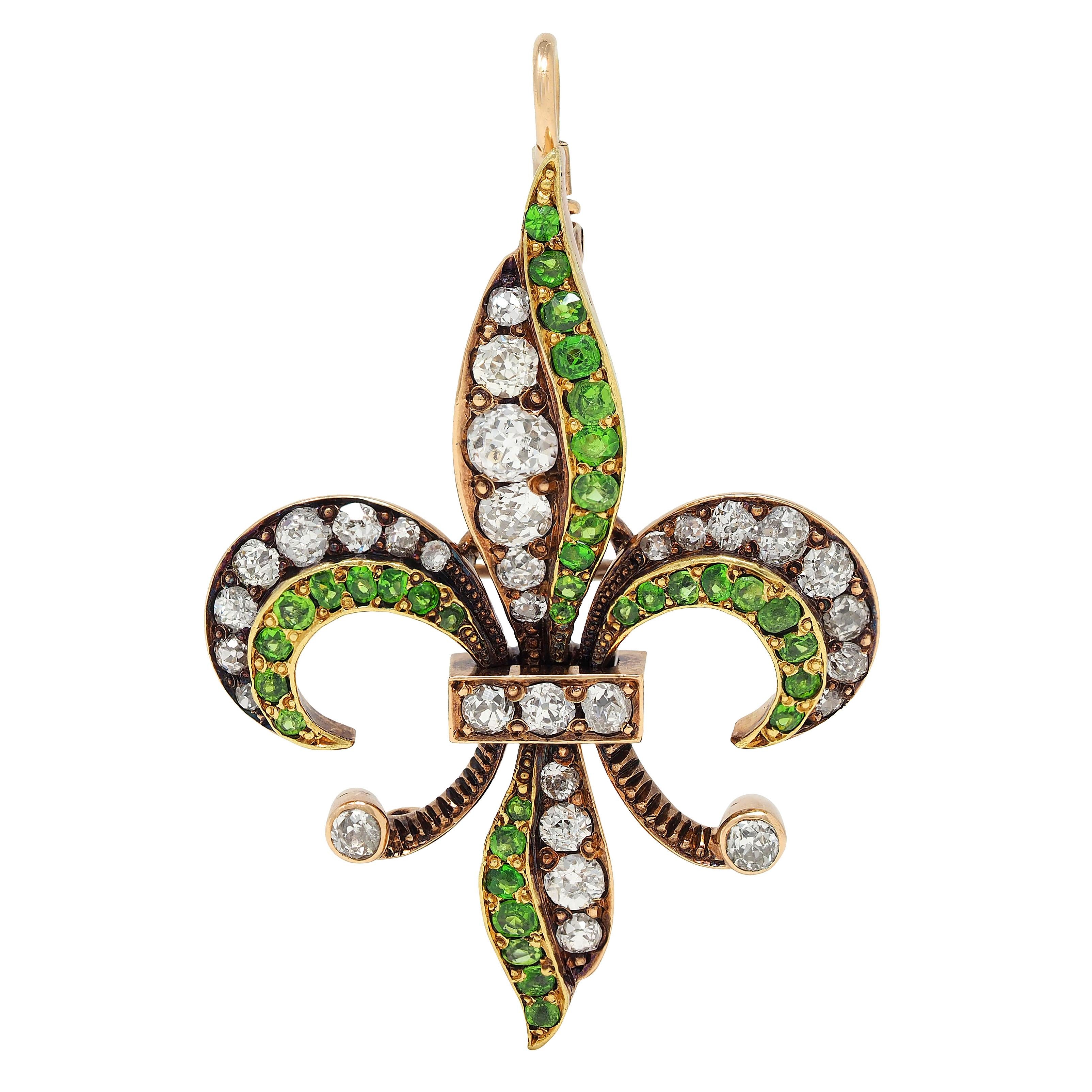 Victorian Diamond Demantoid Garnet 14K Gold Antique Fleur-De-Lis Pendant Brooch