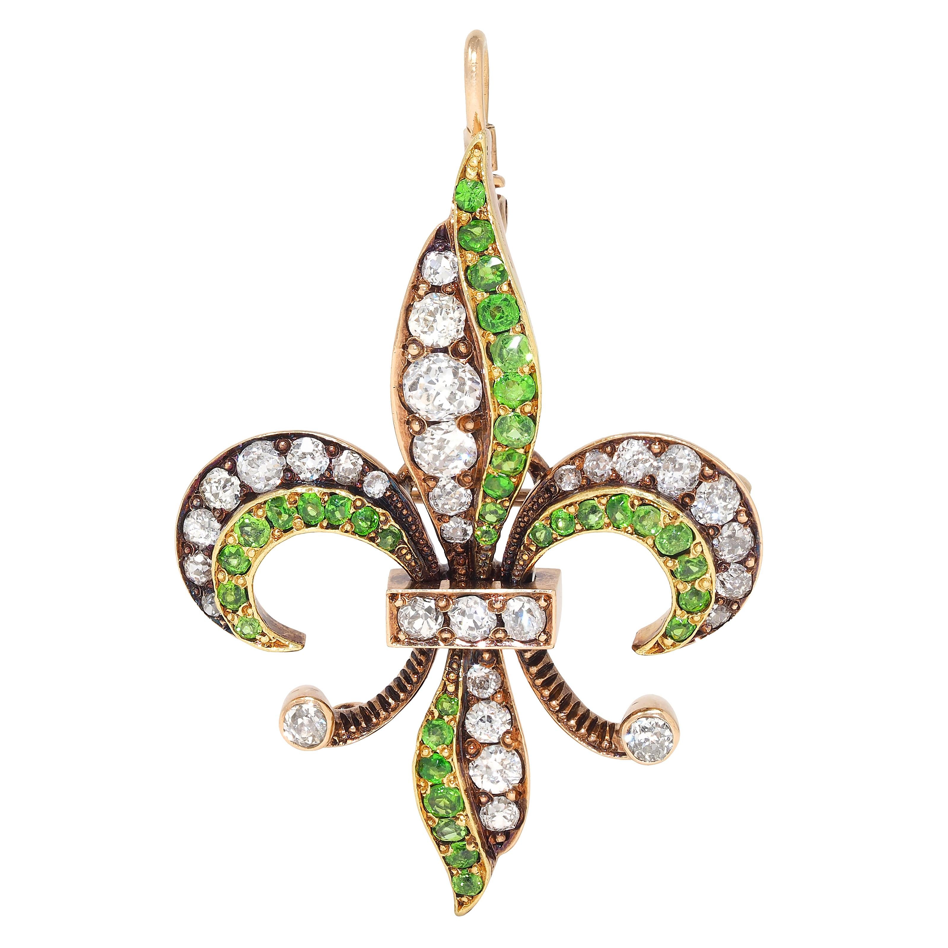 Victorian Diamond Demantoid Garnet 14K Gold Antique Fleur-De-Lis Pendant Brooch