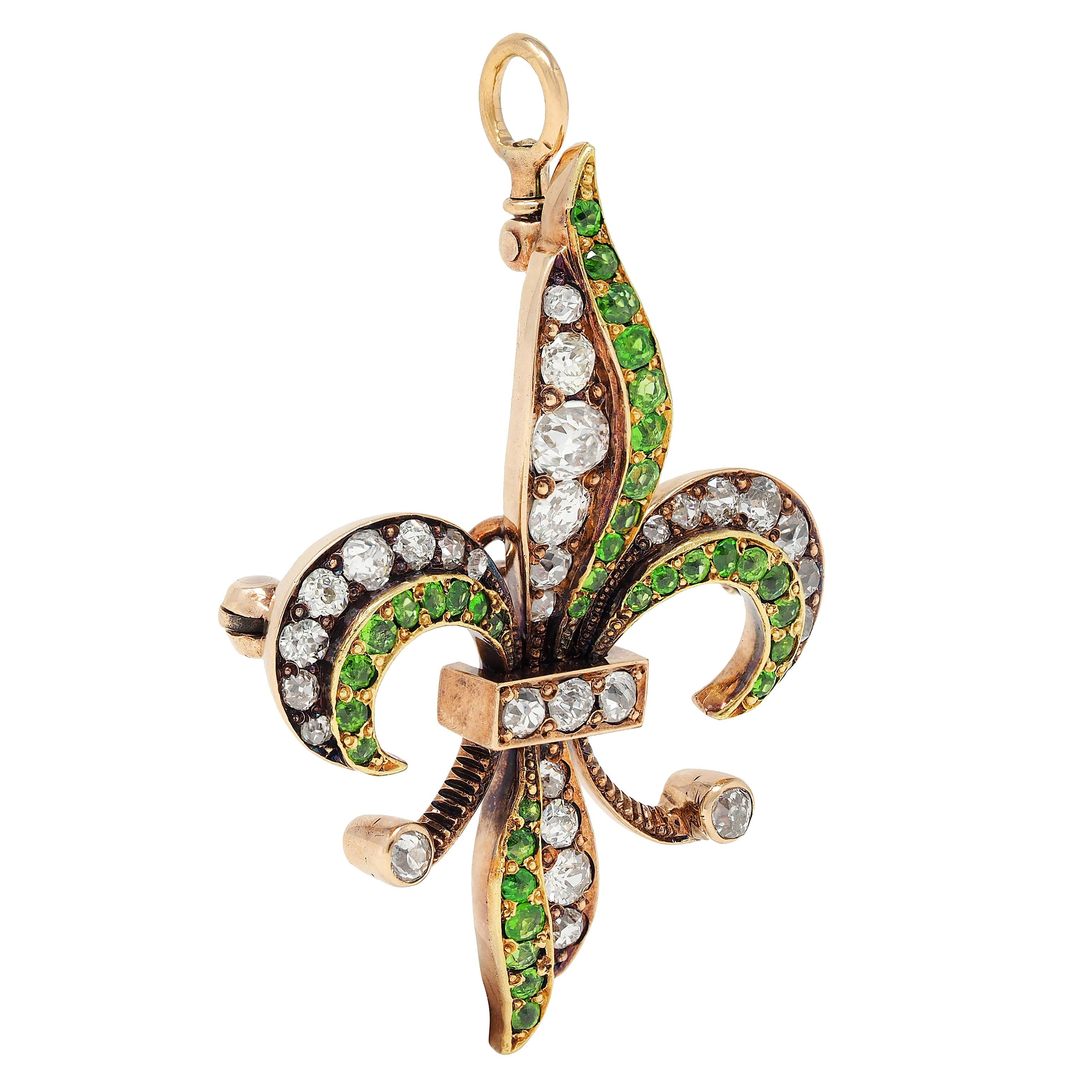 Victorian Diamond Demantoid Garnet 14K Gold Antique Fleur-De-Lis Pendant Brooch