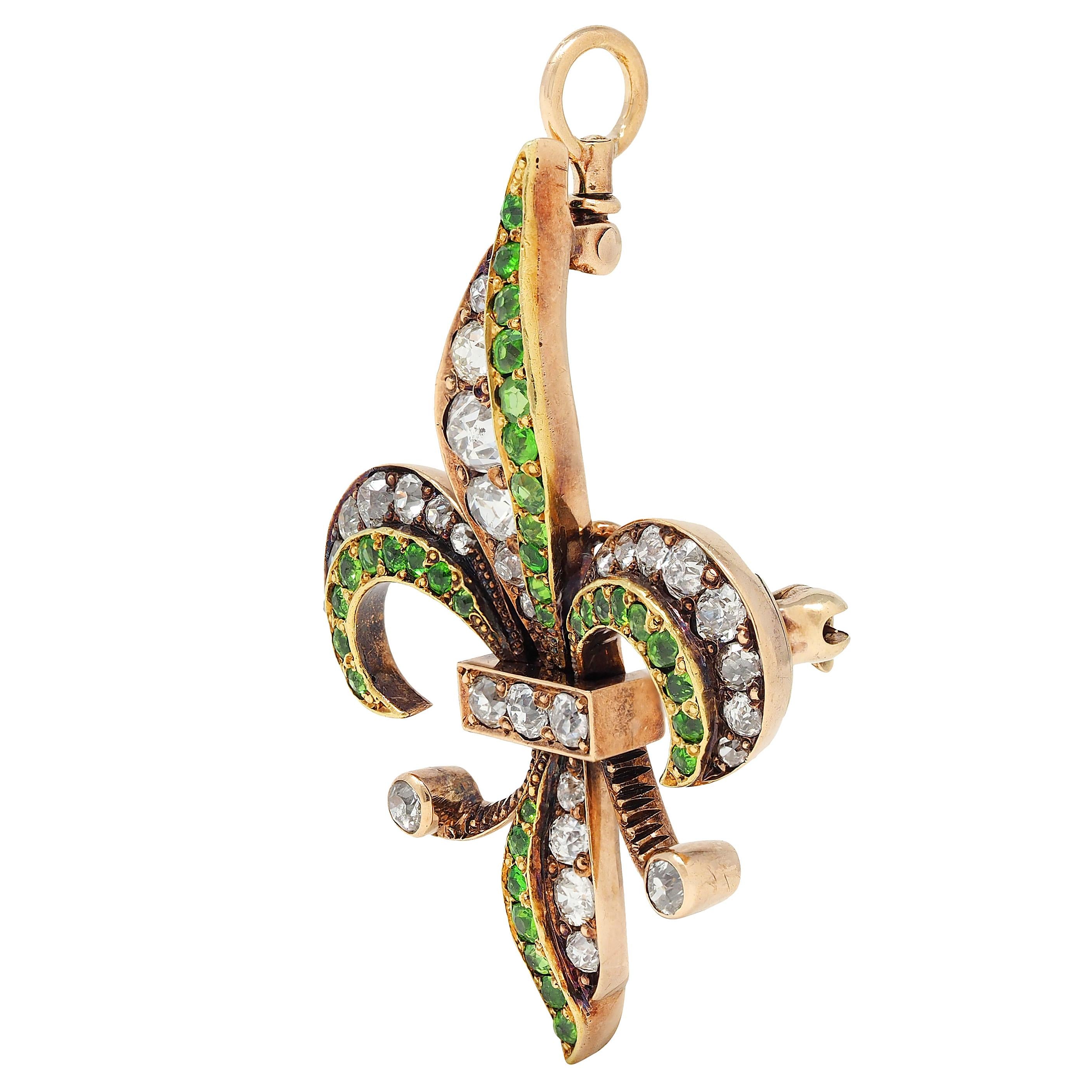 Victorian Diamond Demantoid Garnet 14K Gold Antique Fleur-De-Lis Pendant Brooch