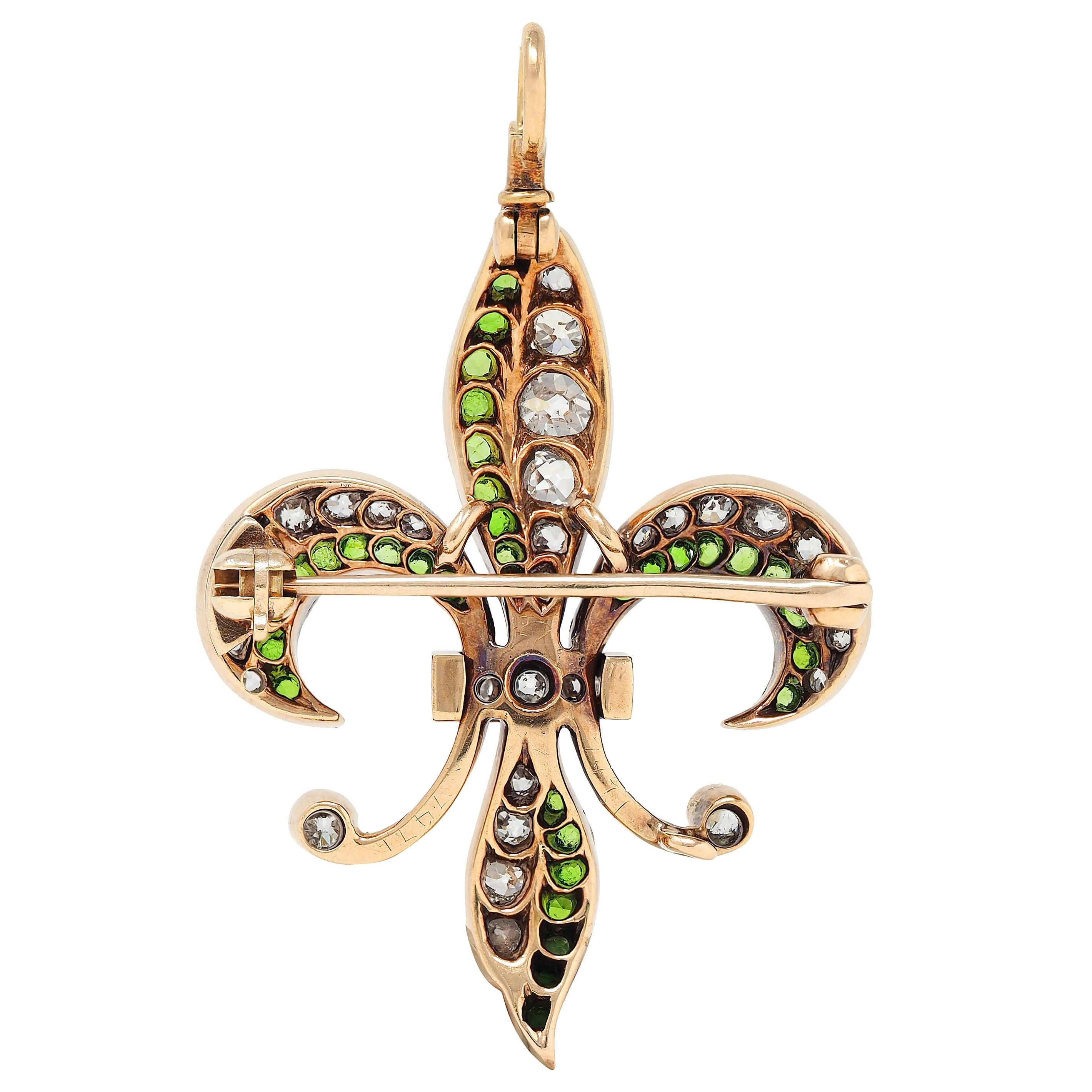 Victorian Diamond Demantoid Garnet 14K Gold Antique Fleur-De-Lis Pendant Brooch