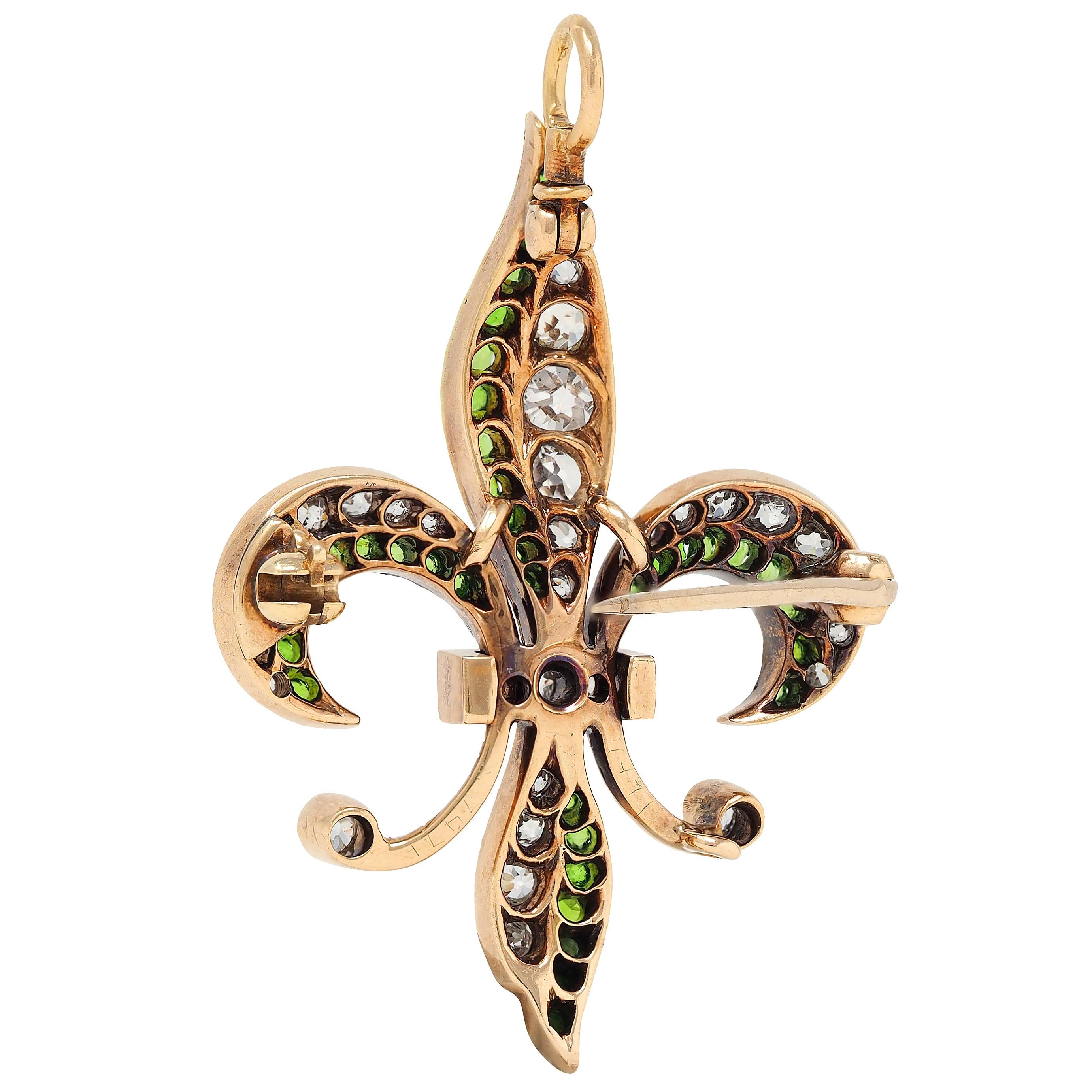 Victorian Diamond Demantoid Garnet 14K Gold Antique Fleur-De-Lis Pendant Brooch