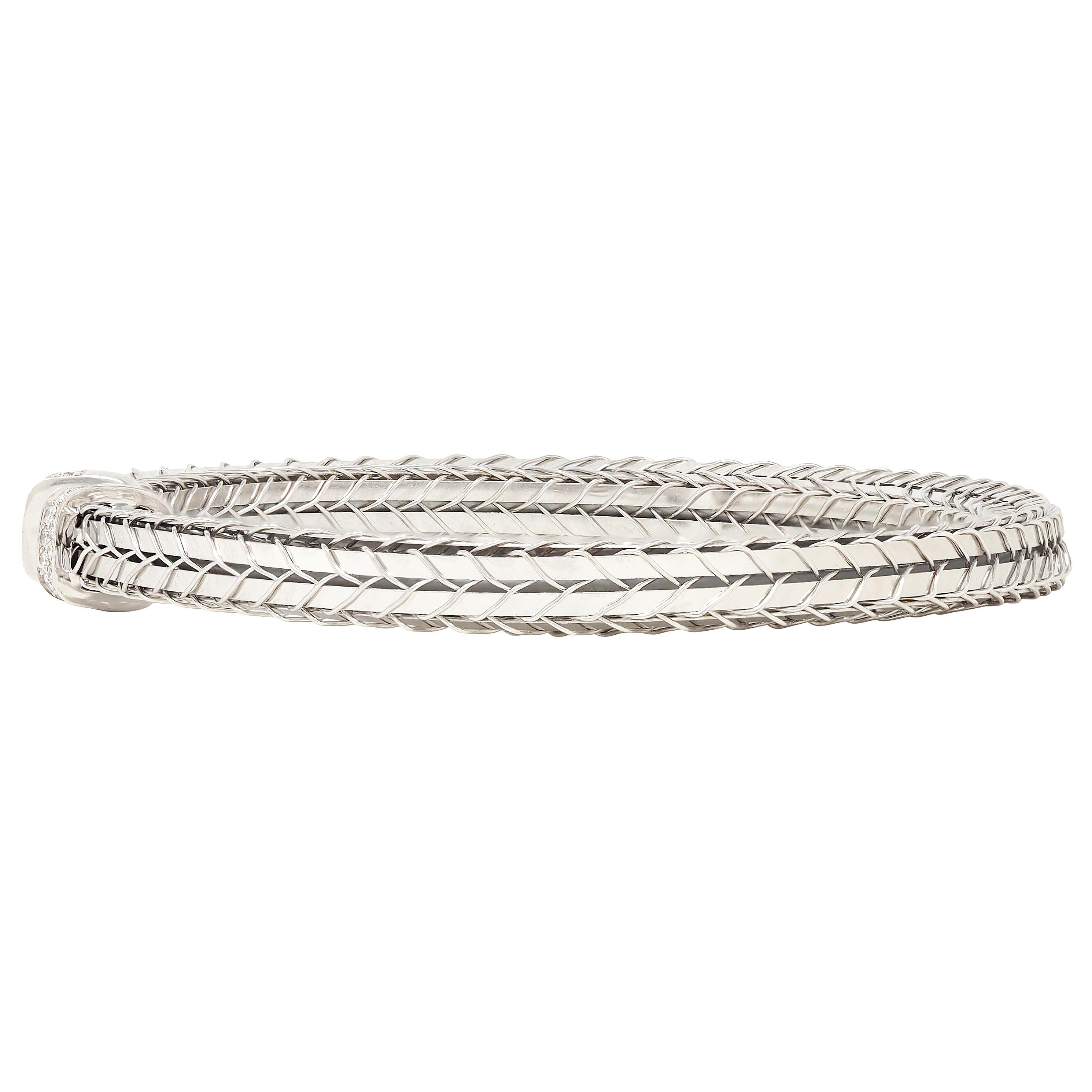 Roberto Coin Contemporary Diamond 18 Karat White Gold Woven Wheat Cuff Bracelet