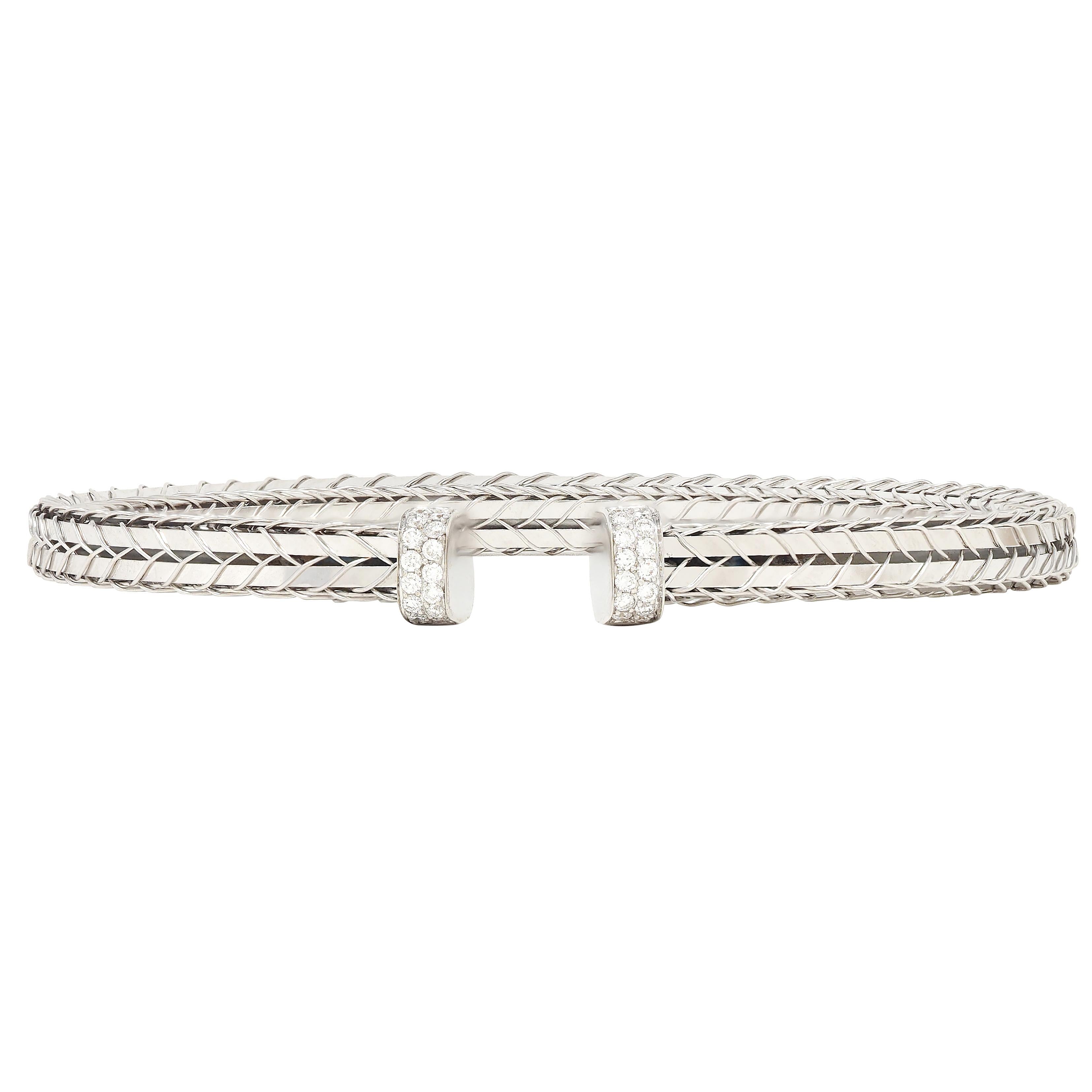 Roberto Coin Contemporary Diamond 18 Karat White Gold Woven Wheat Cuff Bracelet