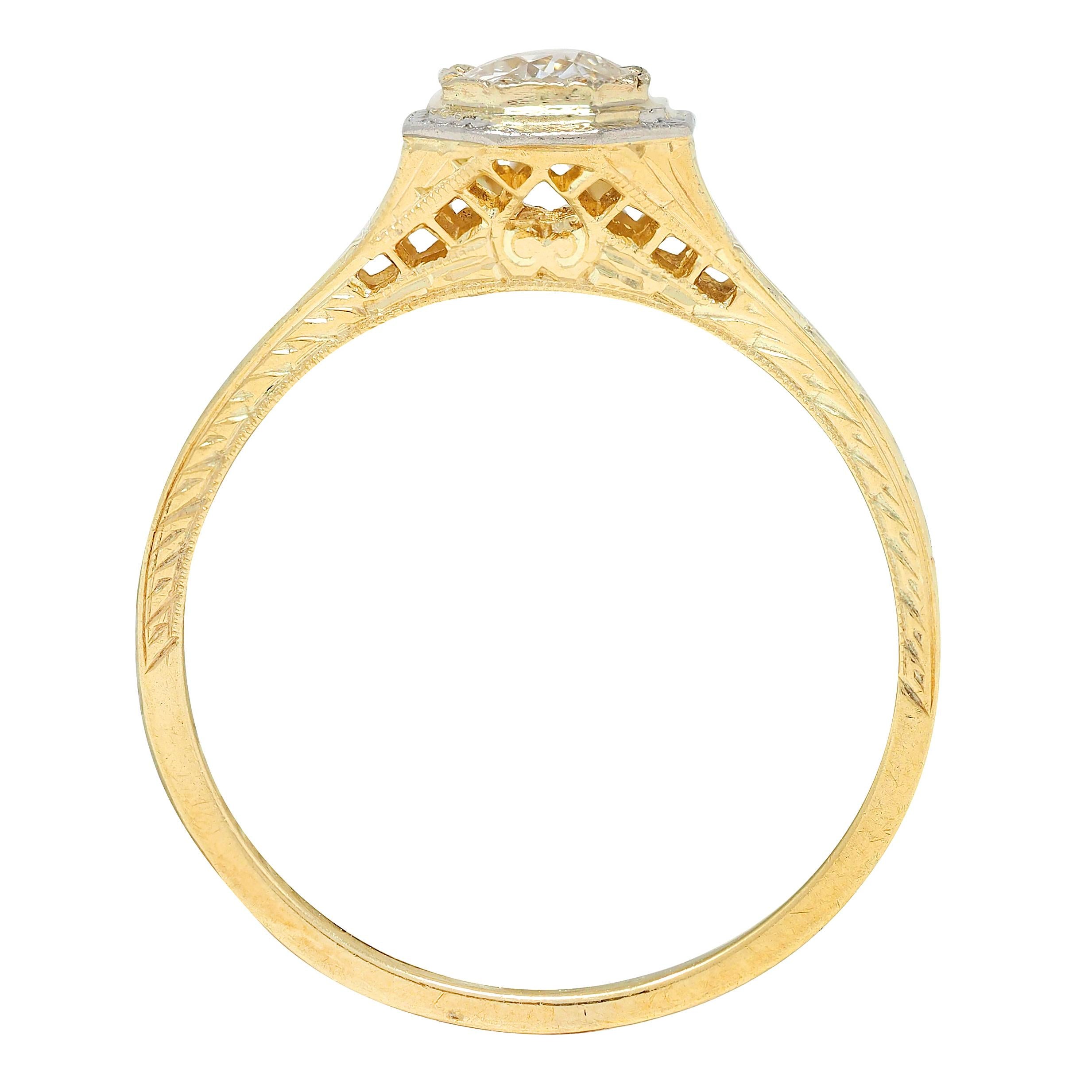 Art Deco European Diamond Platinum 18 Karat Yellow Gold Vintage Engagement Ring