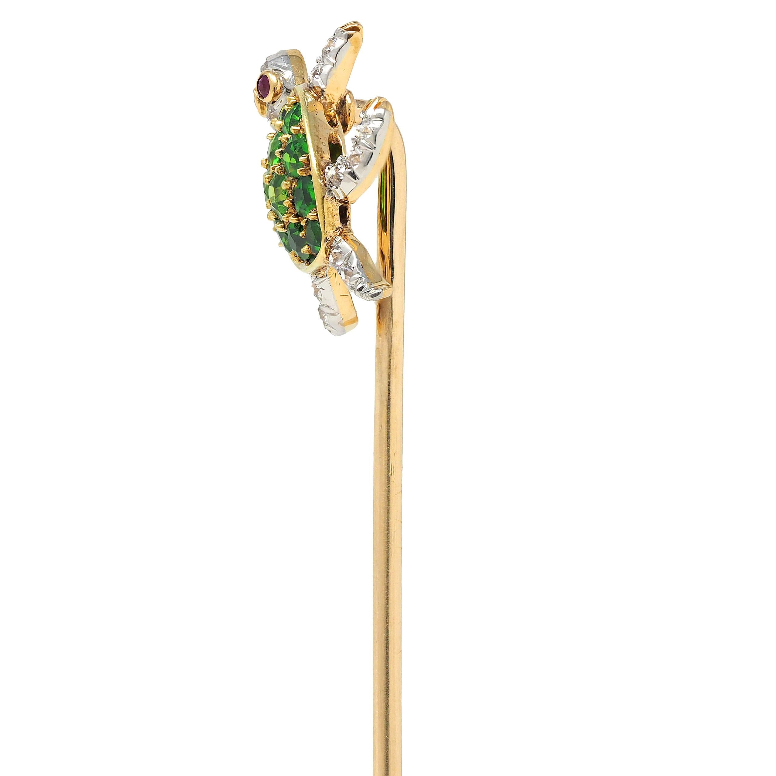 Tiffany & Co. Edwardian Demantoid Platinum 18K Gold Antique Turtle Stickpin