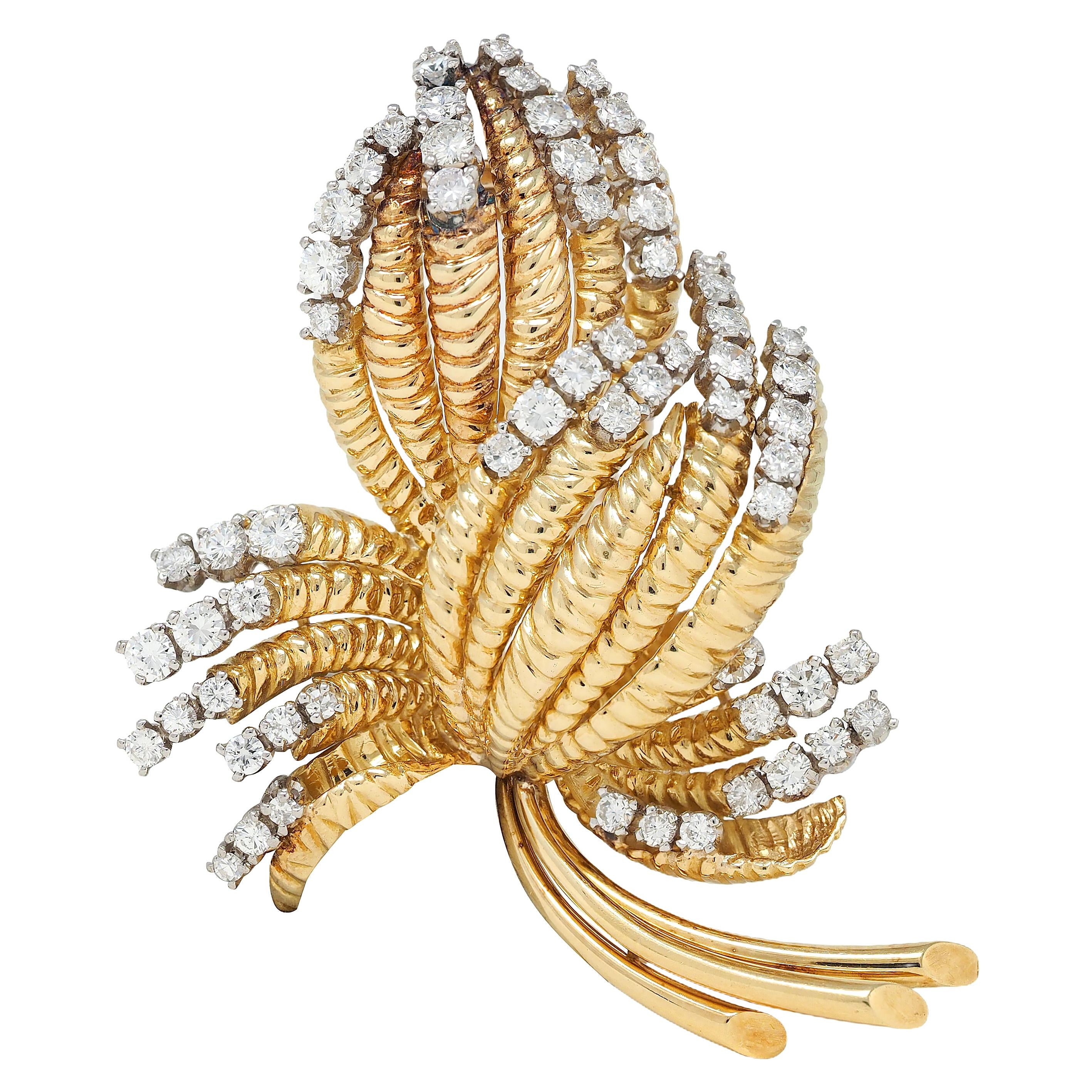 Tiffany & Co. Mid-Century Diamond Platinum 18K Yellow Gold Vintage Leaf Brooch