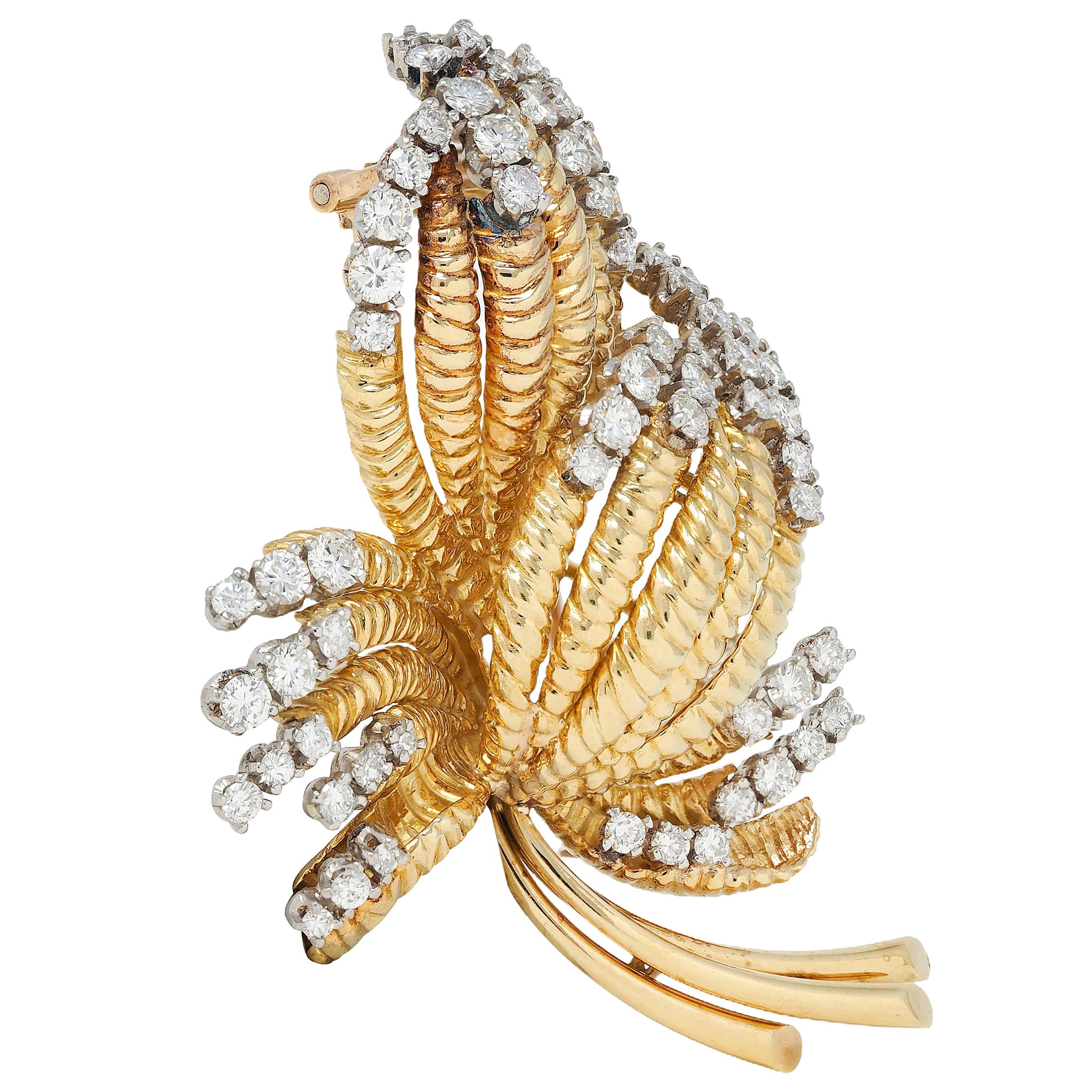 Tiffany & Co. Mid-Century Diamond Platinum 18K Yellow Gold Vintage Leaf Brooch