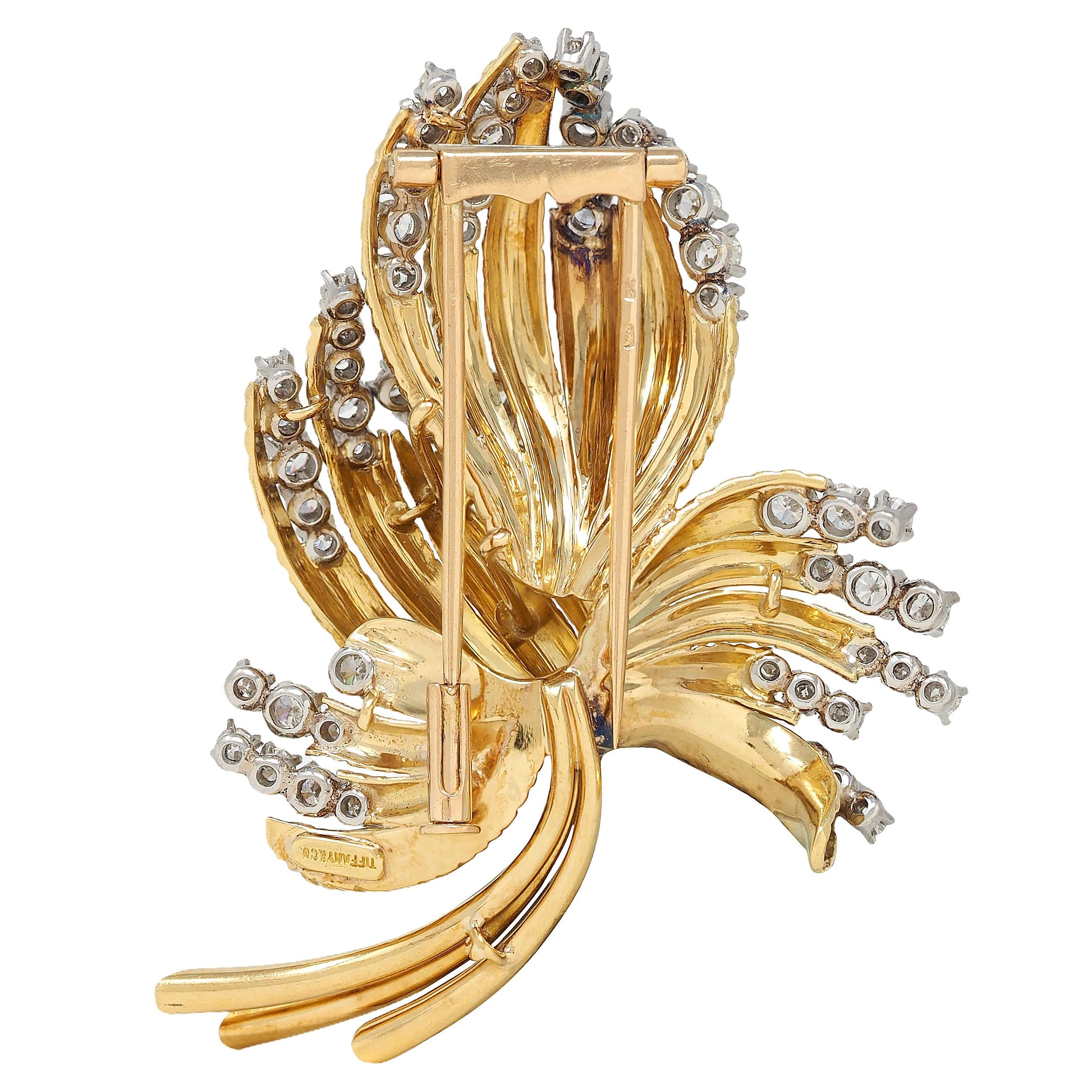 Tiffany & Co. Mid-Century Diamond Platinum 18K Yellow Gold Vintage Leaf Brooch