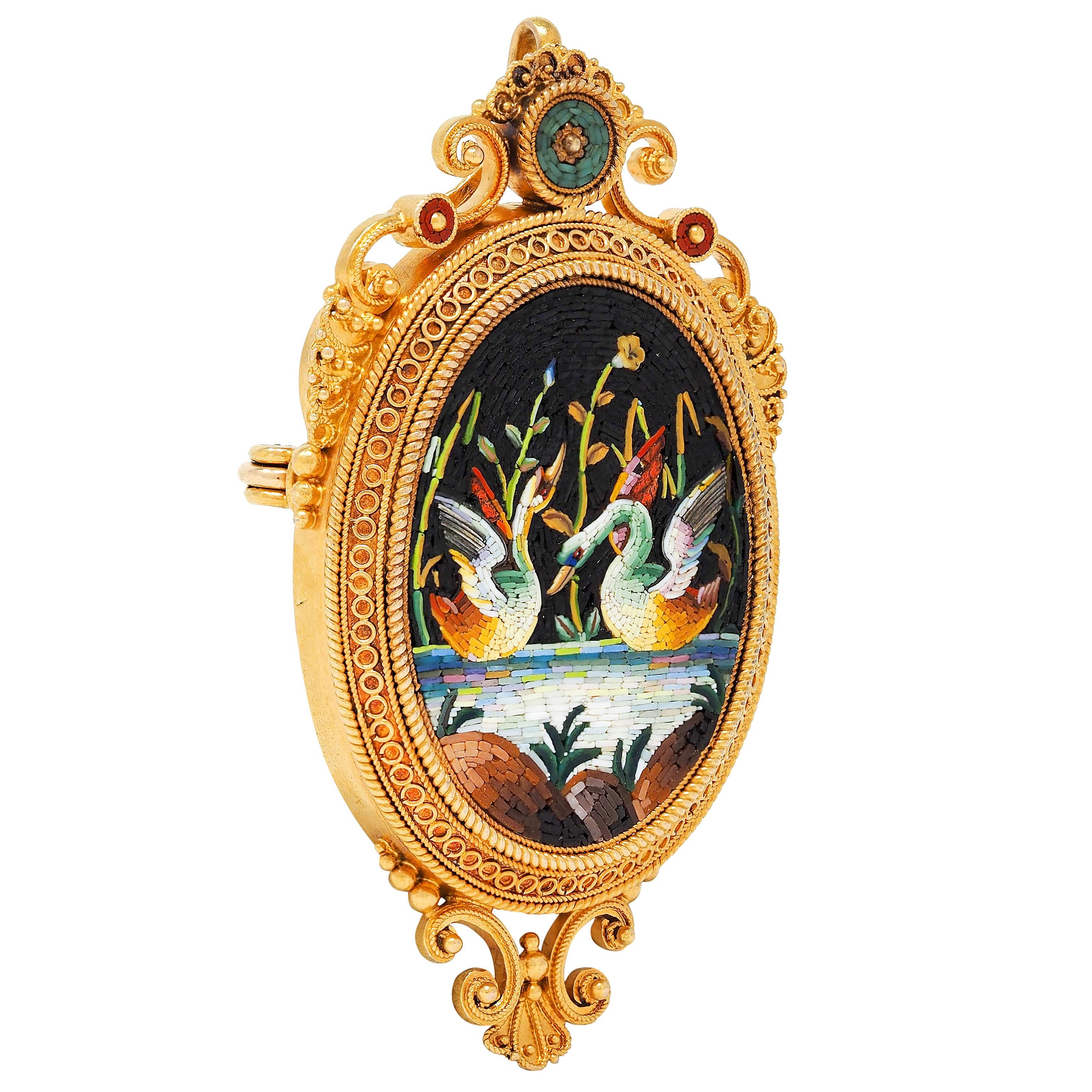 Victorian Etruscan Revival Micro-Mosaic 18K Gold Antique Swan Pendant Brooch