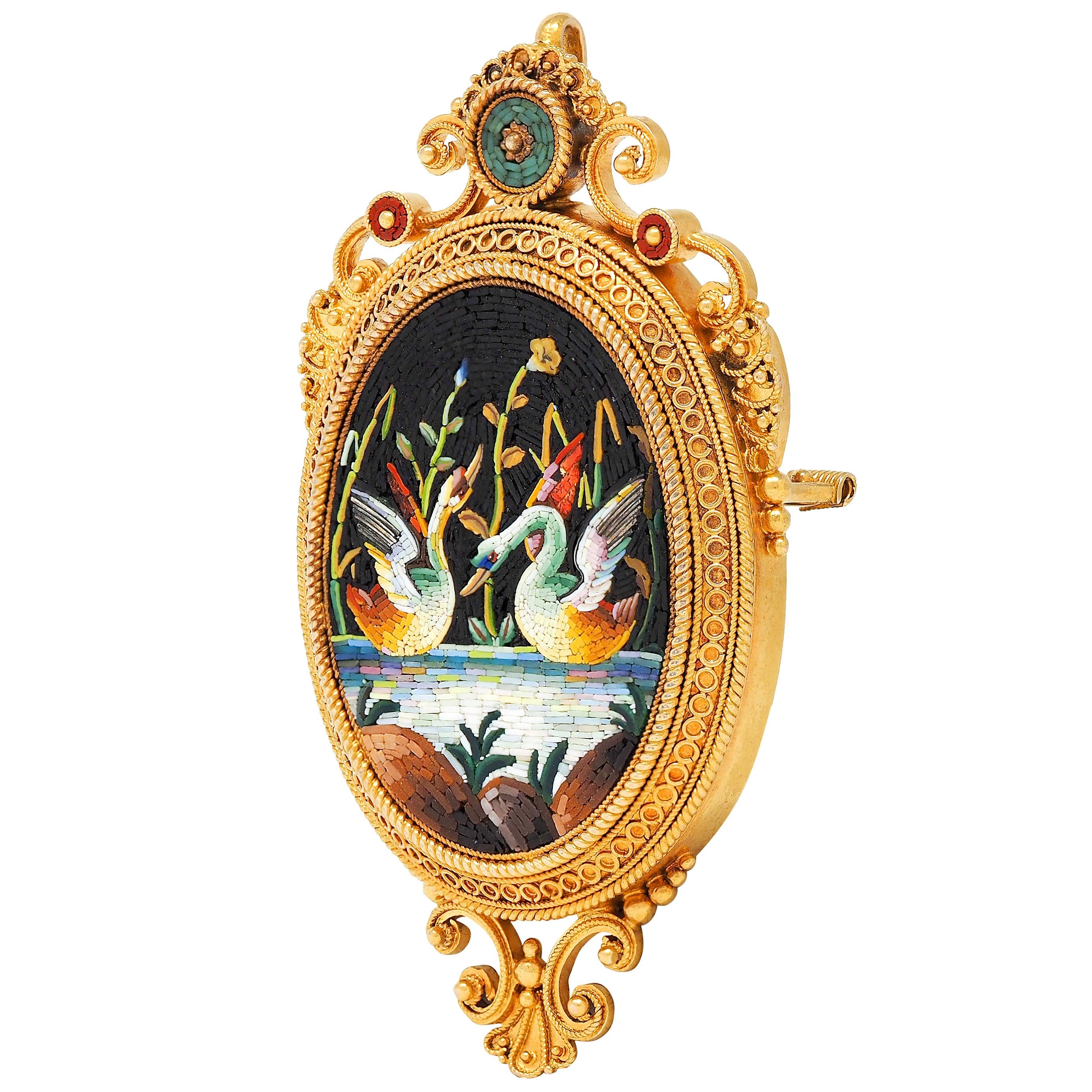 Victorian Etruscan Revival Micro-Mosaic 18K Gold Antique Swan Pendant Brooch