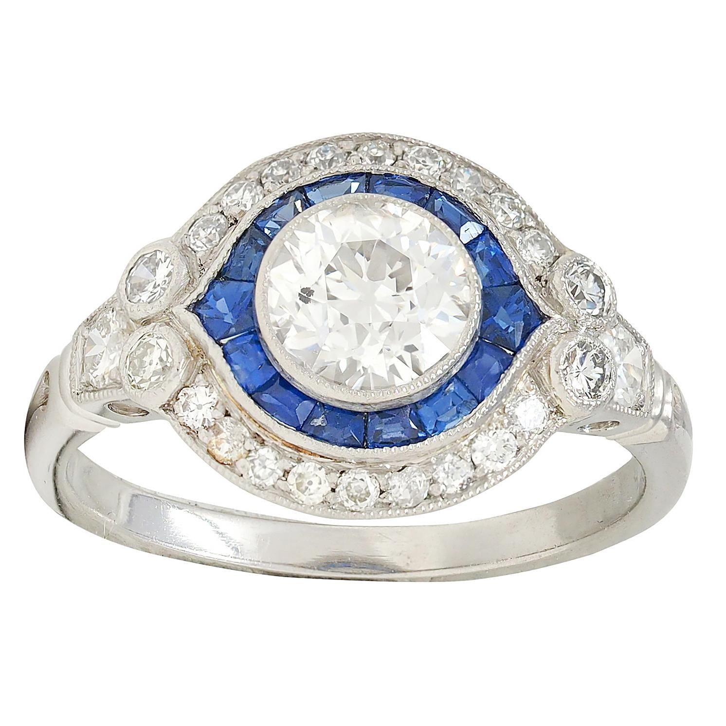 Art Deco Old European Diamond Sapphire Platinum Vintage Halo Engagement Ring
