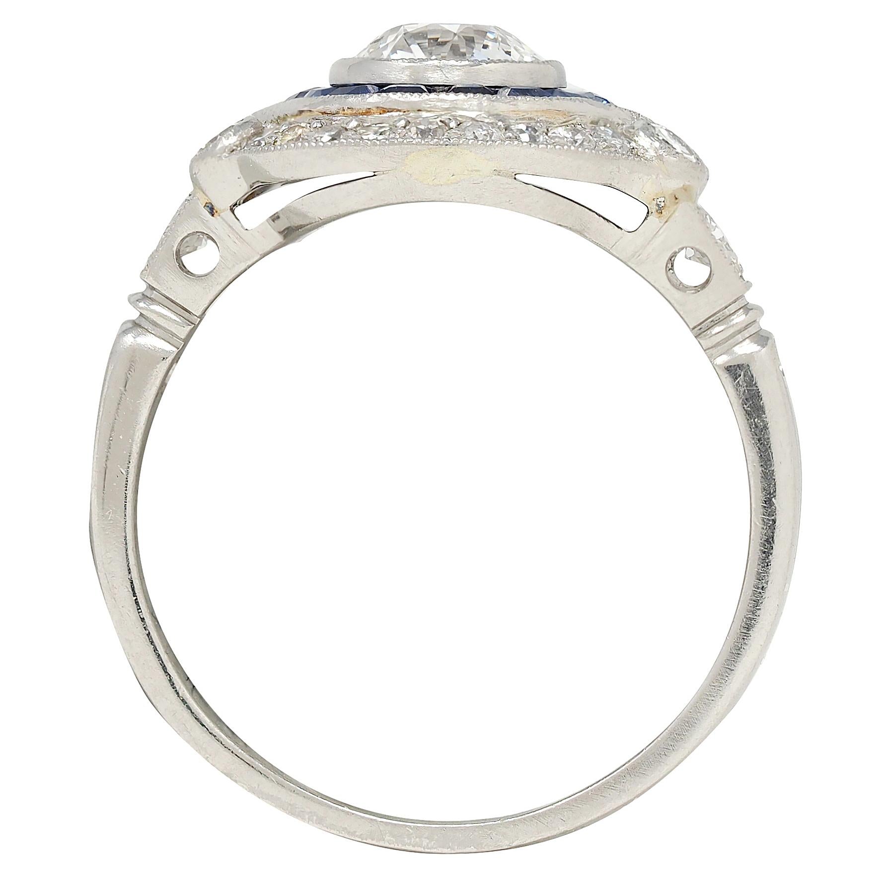 Art Deco Old European Diamond Sapphire Platinum Vintage Halo Engagement Ring