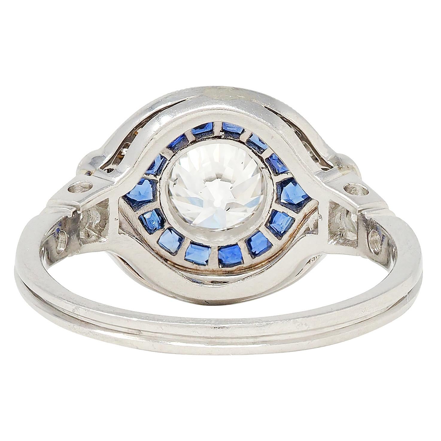 Art Deco Old European Diamond Sapphire Platinum Vintage Halo Engagement Ring