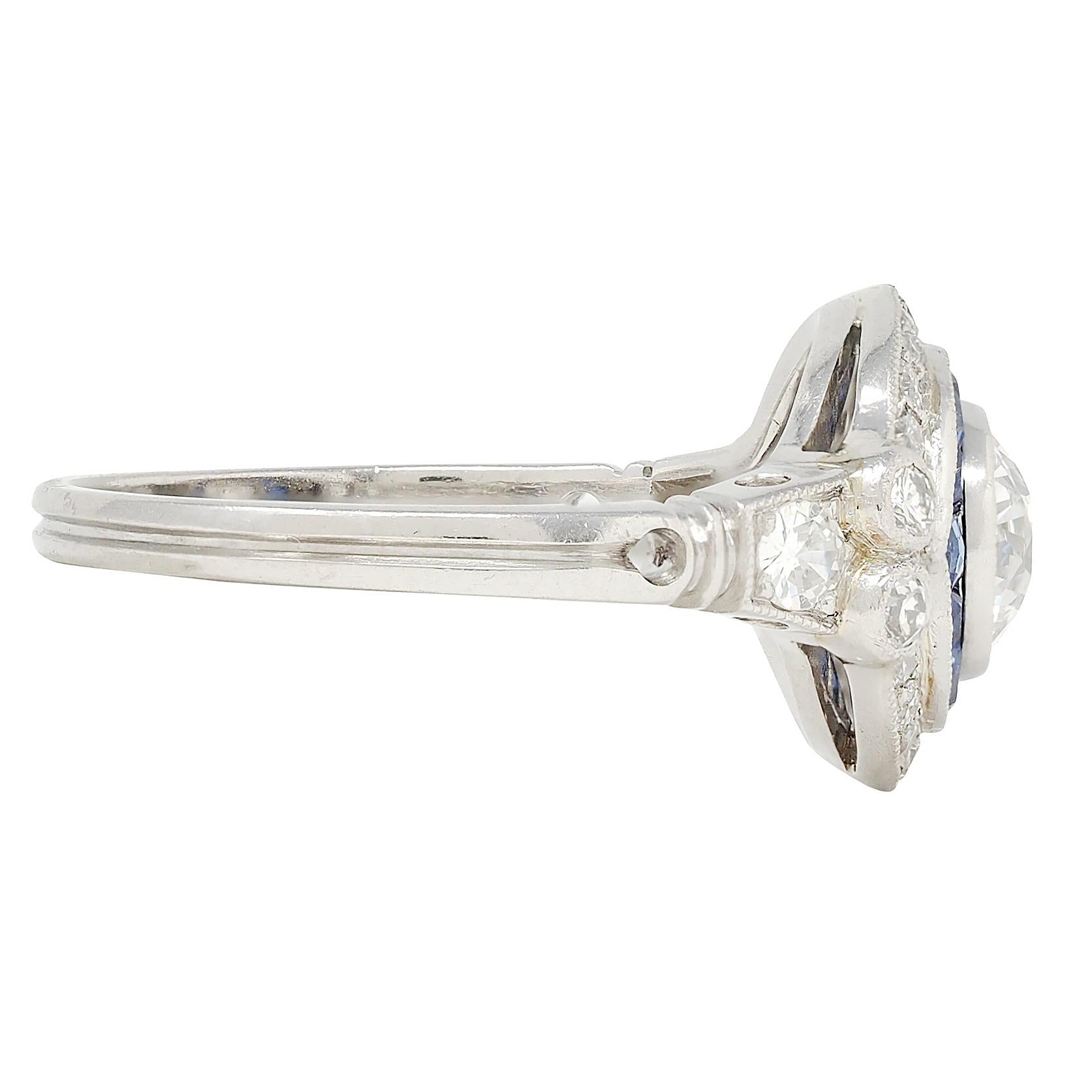 Art Deco Old European Diamond Sapphire Platinum Vintage Halo Engagement Ring