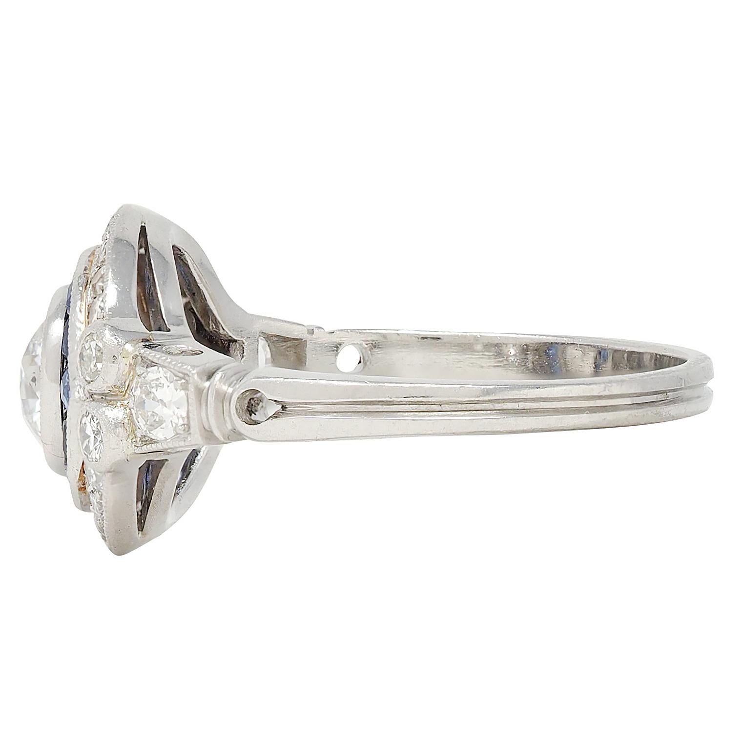 Art Deco Old European Diamond Sapphire Platinum Vintage Halo Engagement Ring